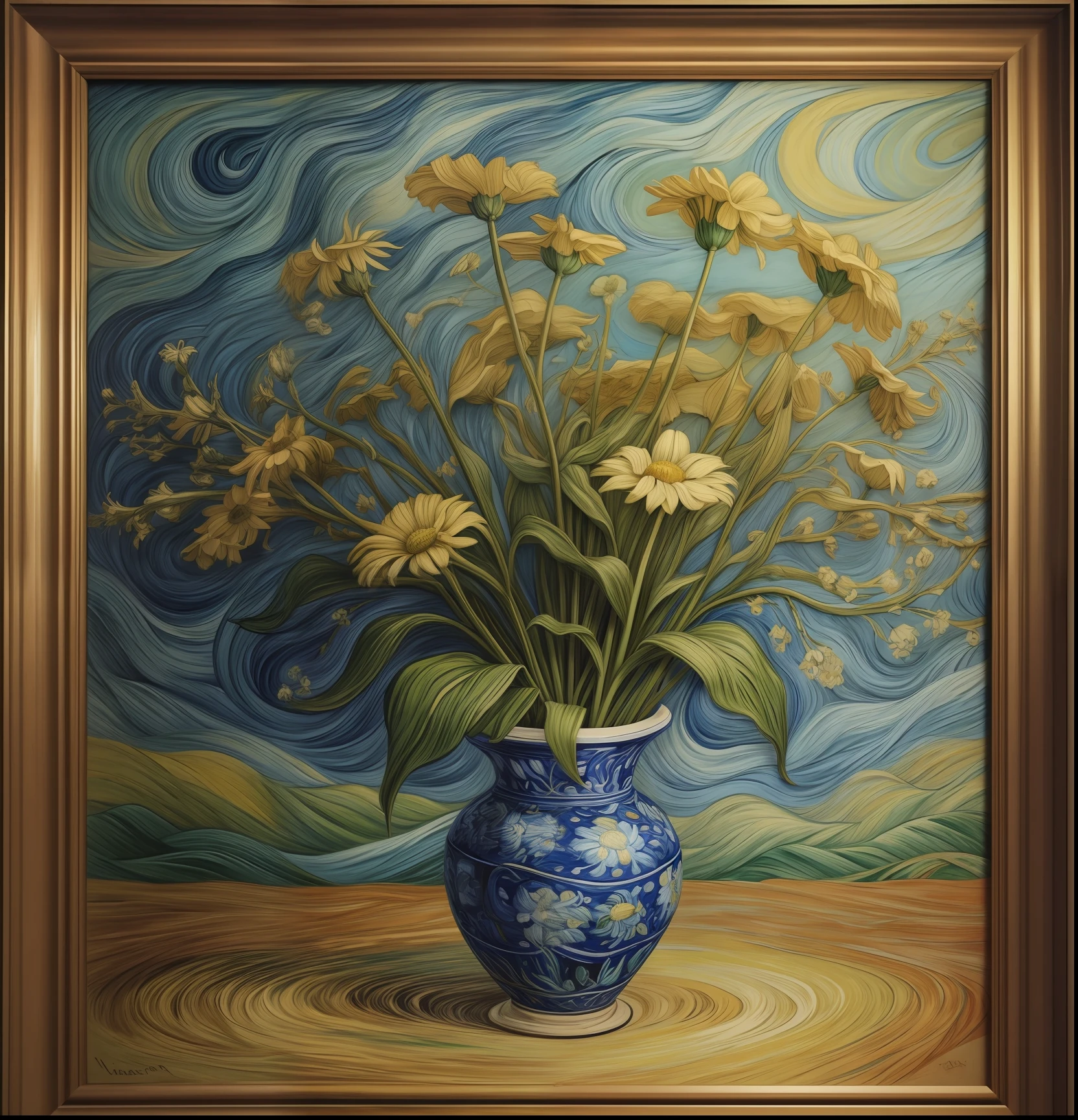 "uma pintura de uma flor no estilo vibrante e expressivo de Van Gogh"