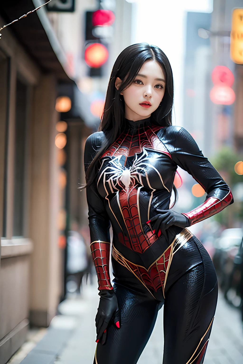 woman in a black and red costume posing on a city street, ( ( spiderwoman ) ), spider woman, spiderwoman!!, spiderwoman!!!!!, cosplay, taken with canon 5d mk4, captured on canon eos r 6, taken with canon eos 5 d mark iv, cosplay photo, deayami kojima, sakimi chan, ornate cosplay