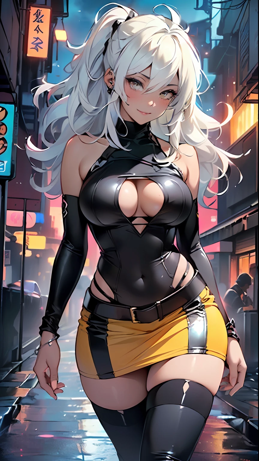 dark skin,very dark skin,dark_skin,
girl rave,(((1girl))),((anime girl with extremely cute and beautiful white hair walking seductively down the street)),

(large breasts:1.4),saggy breasts,(((white hair:1.35, straight hair, long hair:1.4, colored inner hair,ear breathing))),((very light yellow eyes:1.3,upturned eyes:1.3,perfect eyes,beautiful detailed eyes,gradient eyes:1,finely detailed beautiful eyes:1,symmetrical eyes:1,big highlight on eyes:1.2)),((fat)),((((black girl, black skin, dark-skinned_female, dark skin:1.3, ebony skin,lustrous skin:1.5,bright skin: 1.5,shiny skin,very shiny skin,shiny body,plastic glitter skin,exaggerated shiny skin, shiny skin like ebony))),(spider lower abdomen,narrow waist,wide hip,athletic body,inflated legs,delicate detailed fingers,detailed body,detailed arms,human hands, detailed hands),

cute,slutty,seductive,erotic,(((nsfw))), 

zettai ryouiki,revealing clothing,show skin,((rave shirt with an yellow print, rave mini-skirt,visible thong straps)),(wearing a rave outfit:1.3,rave clothes,semi-naked,with little clothing,),(detailed outfit,detailed clothes),

(dynamic pose:1.0),solo focus,((mischievous smile)),centered,scale to fit dimensions,Rule of thirds,

outdoors, ((night view)), (cyberpunk night street Background: 1.5,dark sky,alleyway,lonely alley,thick clouds, detailed background:1.25),

(best quality), (high resolution), (sharp focus), (ultra detailed), (extremely detailed), (extremely high quality artwork), 8k_wallpaper, (extremely detailed CG 8k),(very fine 8K CG), ((hyper super ultra detailed perfect piece)), flawless, (((masterpiece))), illustration, vibrant colors,  (intricate), High contrast, Selective lighting, Double exposure, HDR (High Dynamic Range), Post-processing, Background blur,