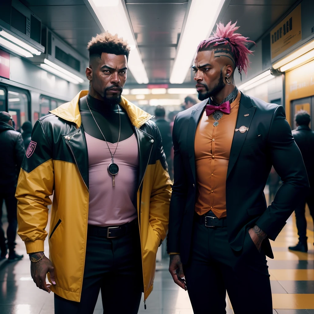 gostaria de uma imagem estilo cyberpunk em 4k de 3 personagens de mais ou menos 40 anos ,portanto,portanto,africano, forte, musculoso,Bodybillder,muito forte de pele negra ,barba grande,barba, Estiloso Barbon,com cabelo punk estilo anos 80 na cor amarelo e cinza escuro,muito eLegante,, futurista e estiloso neon , com uma tatuagem super colorida e com neon ,Toattoo, facing a metro station on the platform , with station lights failing in a dimly lit environment, standing dressed in a dark yellow suit with a pink bow tie and baggy shirt.