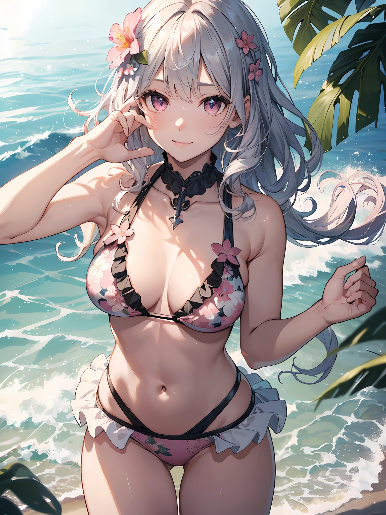 05
(masterpiece、top-quality、,8K),(extremely detailed CG1.1),1 girl,(pectoral focus:1.4),(short silvery curly hair:1.2),Pink eyes、Smile,(Floral ruffled bikini:1.3),large boob,Beautiful skins、Detailed eyes、(long lashes),(abdominals:1.2),Beach,(From above:1.2),Dynamic Angle ,Dynamic Pose,Summer light,Intricate details , (Hyper realistic:1.3),Perfect Anatomy