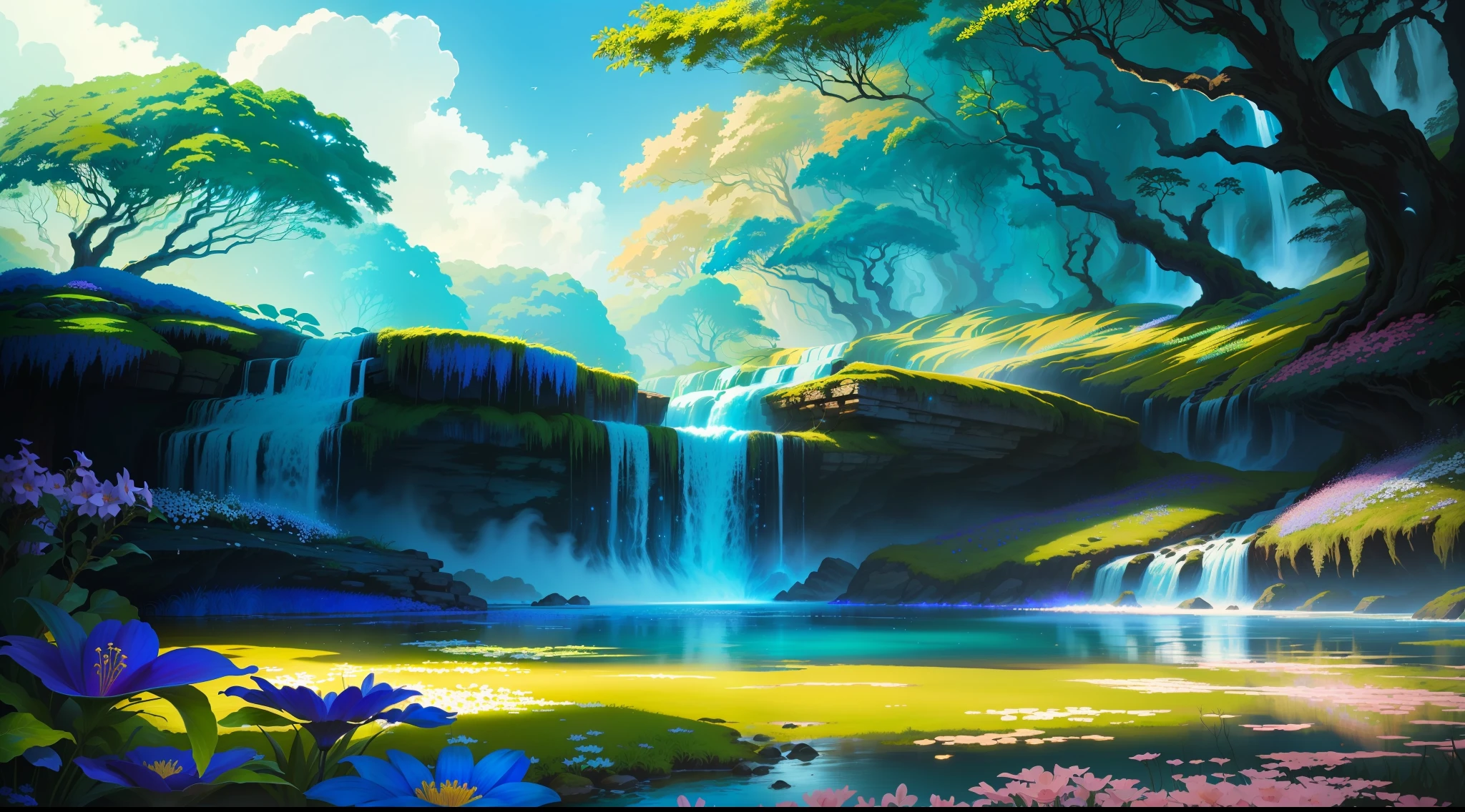 a painting of a waterfall in a forest with flowers and trees, Arte bonita UHD 4K, magical landscape, bela fantasia detalhada, Floresta e Cachoeira, magic fantasy forest, flores e cachoeiras, magical forest backround, magical atmosphere, paisagem da floresta da fantasia, natureza anime, estilo de arte de fantasia, 8k arte detalhada de alta qualidade, Cachoeira tranquila e bonita
