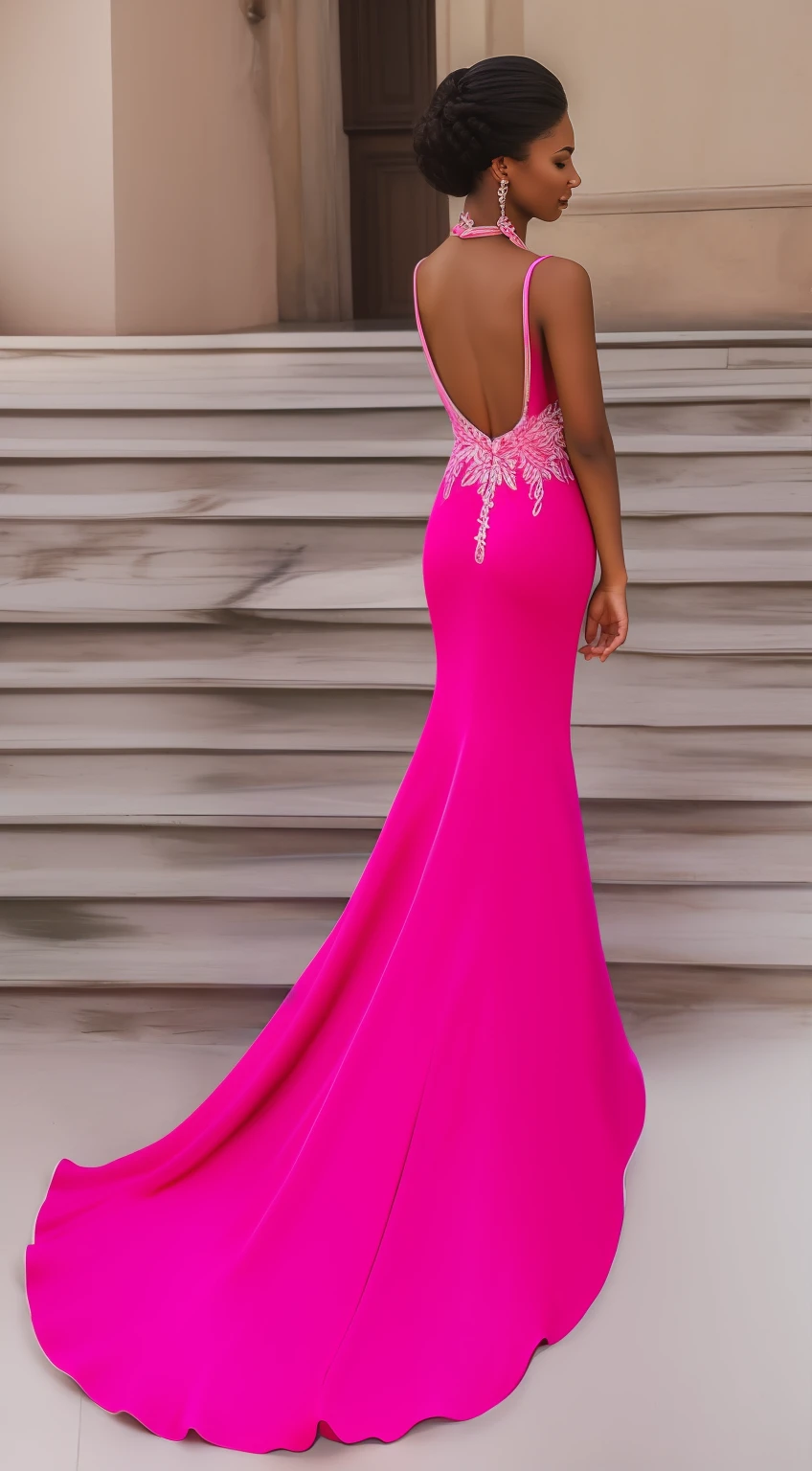 A woman in a fuchscia dress posing for a photo, vestido de sereia de lantejoulas rosa, vestido sexy, vestidos de noite elegantes!, em longos vestidos ou violeta, usando um vestido de noite, vestido vestido vestido vestido bonito vestido, Vestido extravagante, vestido coberto com cristais Deslumbrante elegante, usando um vestido elegante, fluttering dress, Vestido sofisticado, wearing a pink ballroom gown, vestido rosa, usando um vestido rosa, Sparkling diamond dress Fuchscia black woman dress with braided hair