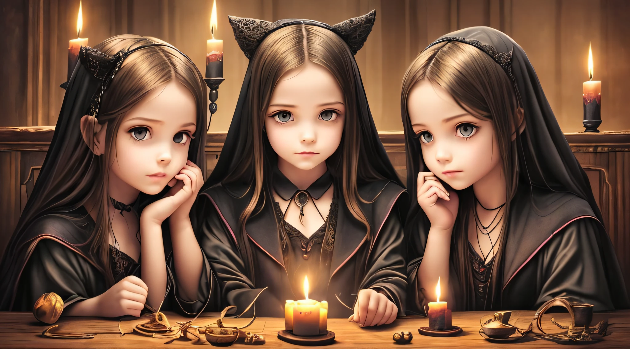 Three girls in Gothic costumes are holding candles and praying, black magic spells, scary horrifying satanic rituals, spell casting, spell casting wizard, Wicca, Bruxas, com poderes de magia negra, !5 three eyed goddesses, em vestes roxas escuras, 3 sisters look into the mirror, kramskoi 4 mil, holy flame spell, Wiccano, with magical powers