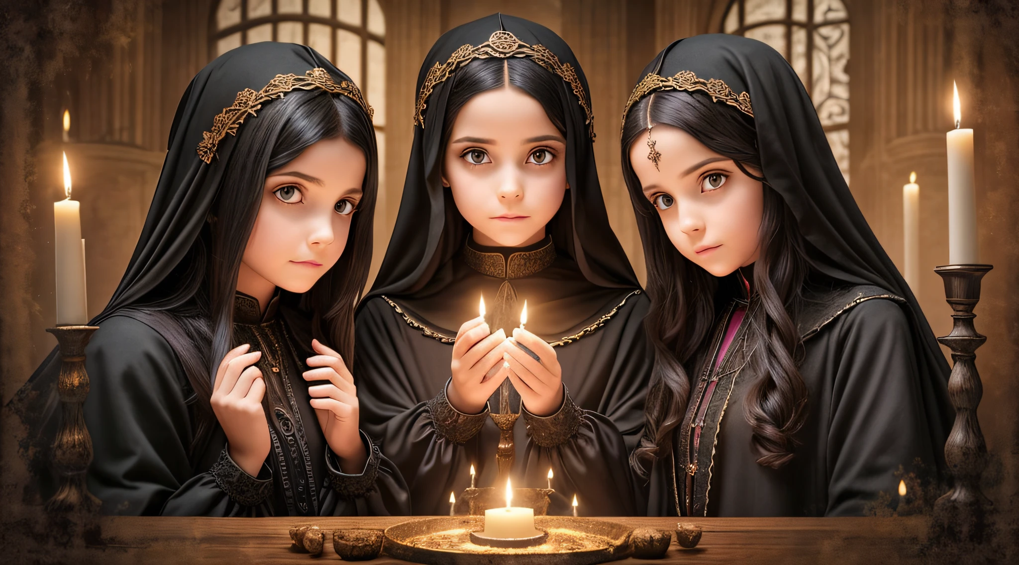 Three girls in Gothic costumes are holding candles and praying, black magic spells, scary horrifying satanic rituals, spell casting, spell casting wizard, Wicca, Bruxas, com poderes de magia negra, !5 three eyed goddesses, em vestes roxas escuras, 3 sisters look into the mirror, kramskoi 4 mil, holy flame spell, Wiccano, with magical powers