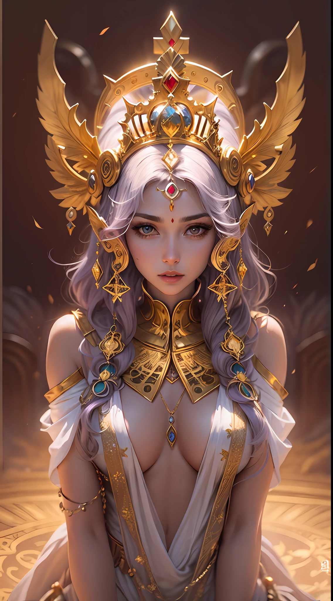 a woman with a gold headpiece and a gold choke, extremely high detail, beautiful fantasy portrail ((a beautiful fantasy empress)),cinematic,a goddess