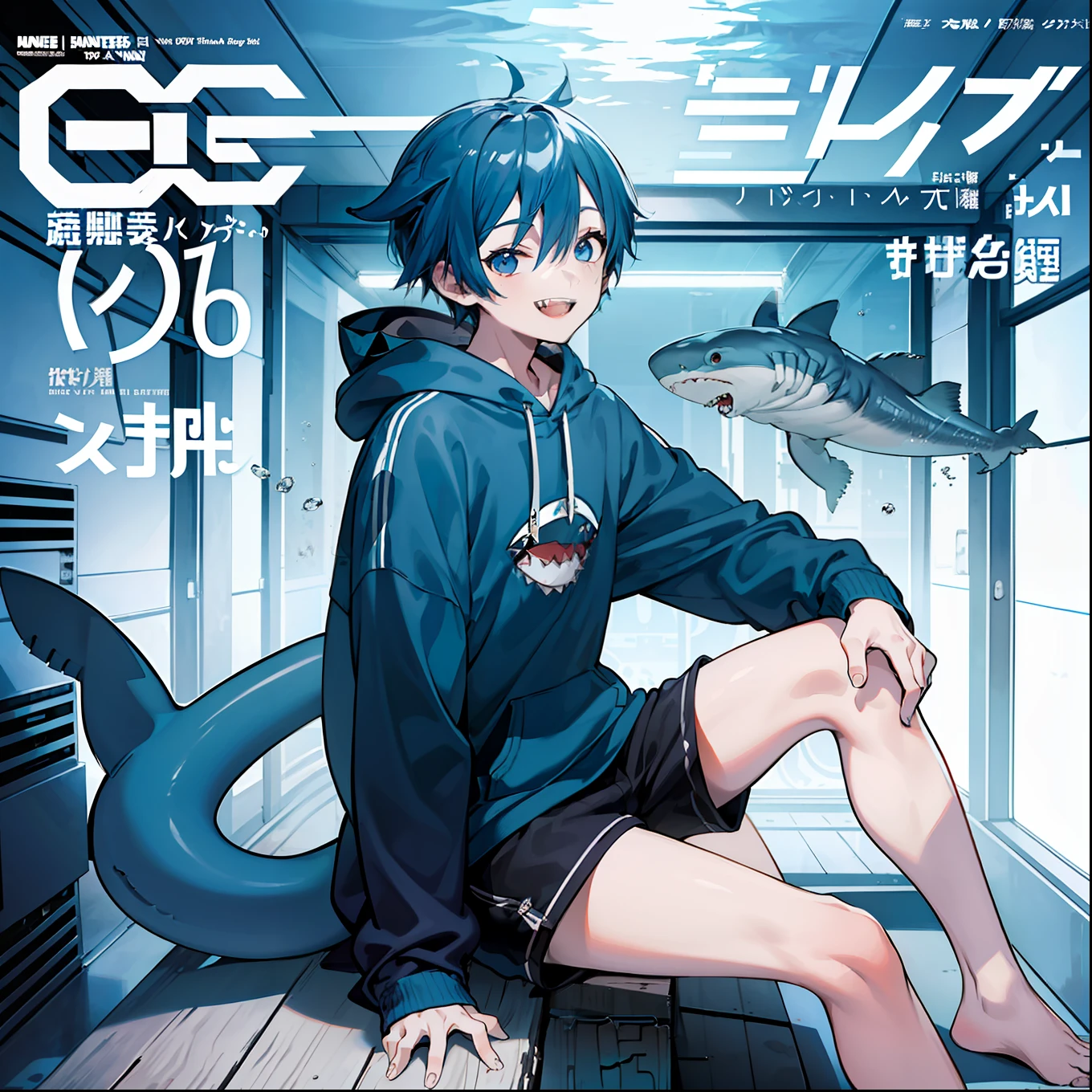 masterpiece, best quality, full body, (1boy), (Wearing a blue shark tail hoodie), (smiling shark teeth),(Boy Messy Japanese Round Haircut for Thick Hair), (blue hair), black shorts, ((solo)), (magazine:1.3), (cover-style:1.3), fashionable,Under water, (in side tunnel aquarium),