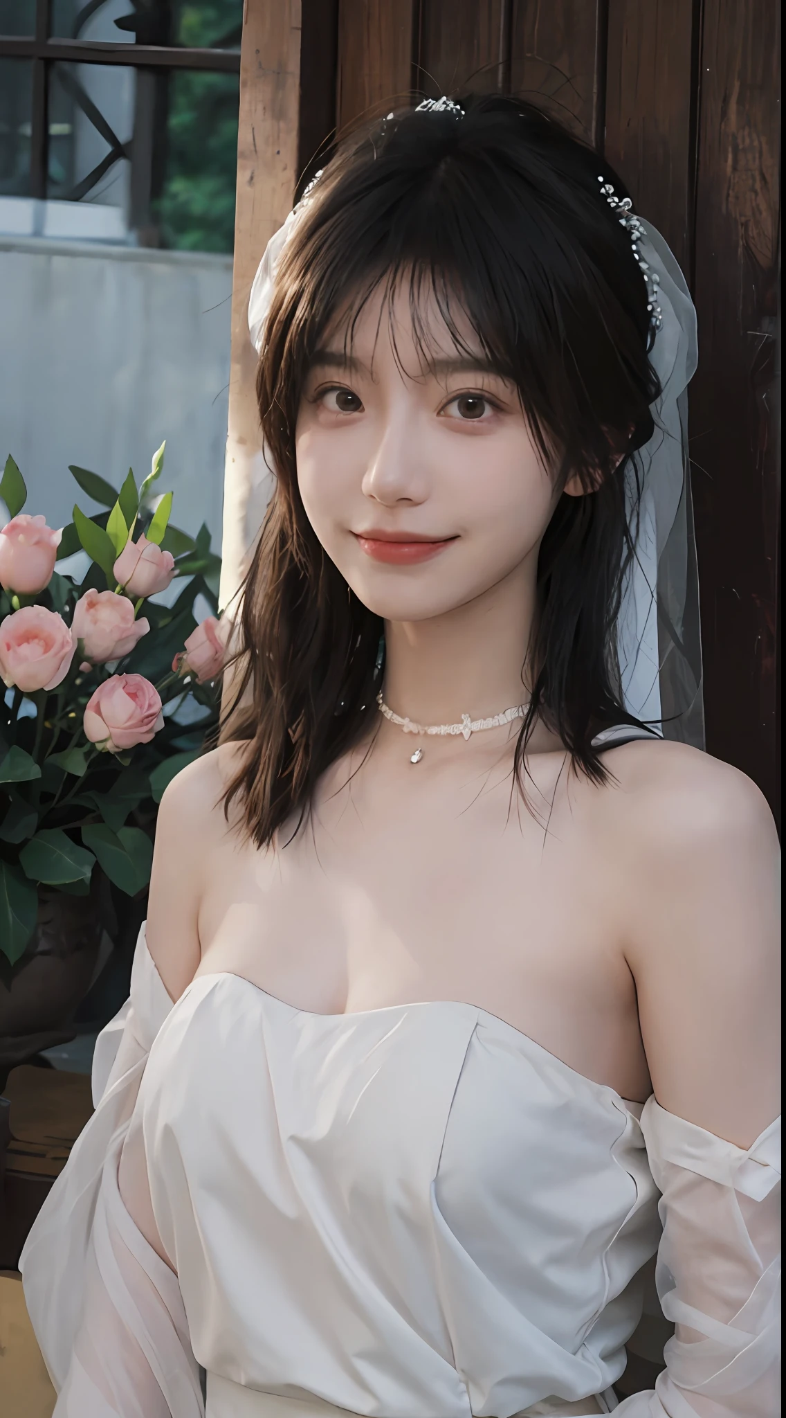 best qualtiy, 超高分辨率, (realisticlying:1.4),cute hairpin,Baoyu Girl,Stand in the wedding hall,Wearing a white bandeau wedding dress,(flatchest:1.2) ,A pair of clear and moving peach blossom eyes,Royal Sister,sunshine on face,Big wavy hairstyle,(choker necklace:1.2),(Fair skin:1.4),a sense of atmosphere,a beauty girl, Charming smile,head straight-looking at viewer, closeup cleavage ,(Photorealistic:1.4),1girll,Sexy,(Upper body:1.4),(Wet body),(:1.2)