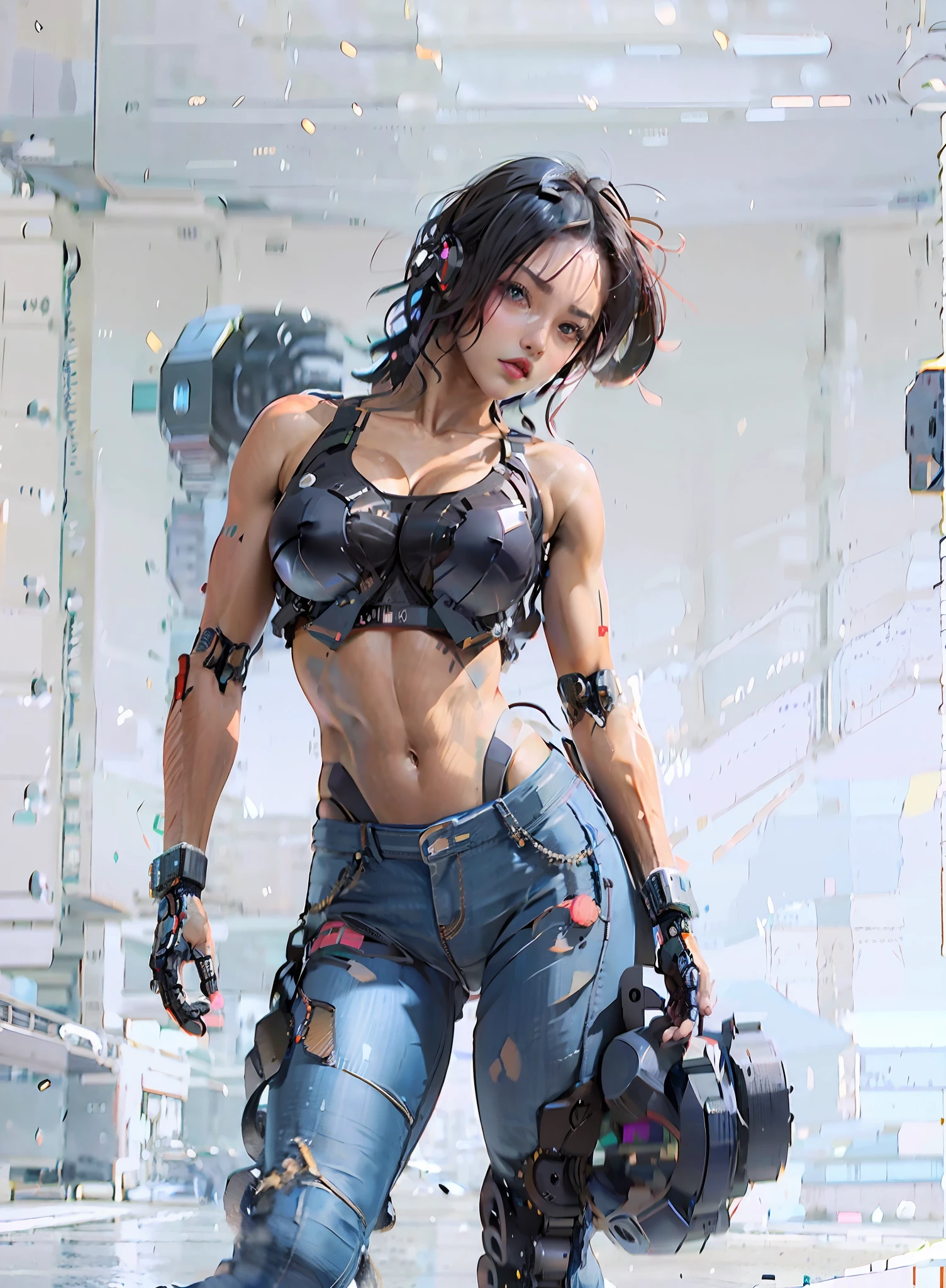 Arafed mujer cyberpunk con un top negro mojadoy jeans rotos posando para una foto, ripeado, Chica en forma, con ABS, cuerpo fuerte, fitness model, Camisa corta y abdominales fuertes, Paquetes de seis, fit physique, cuerpo en forma, Physical sports, Abs, magro pero musculoso, Paquete de seis, Mujer en forma, Muscle, Cuerpo atractivo, pose fuerte, cuerpo perfecto, Delgado y musculoso, Cybernetic prostheses attached to the arms and cybernetic helmet very detailed position