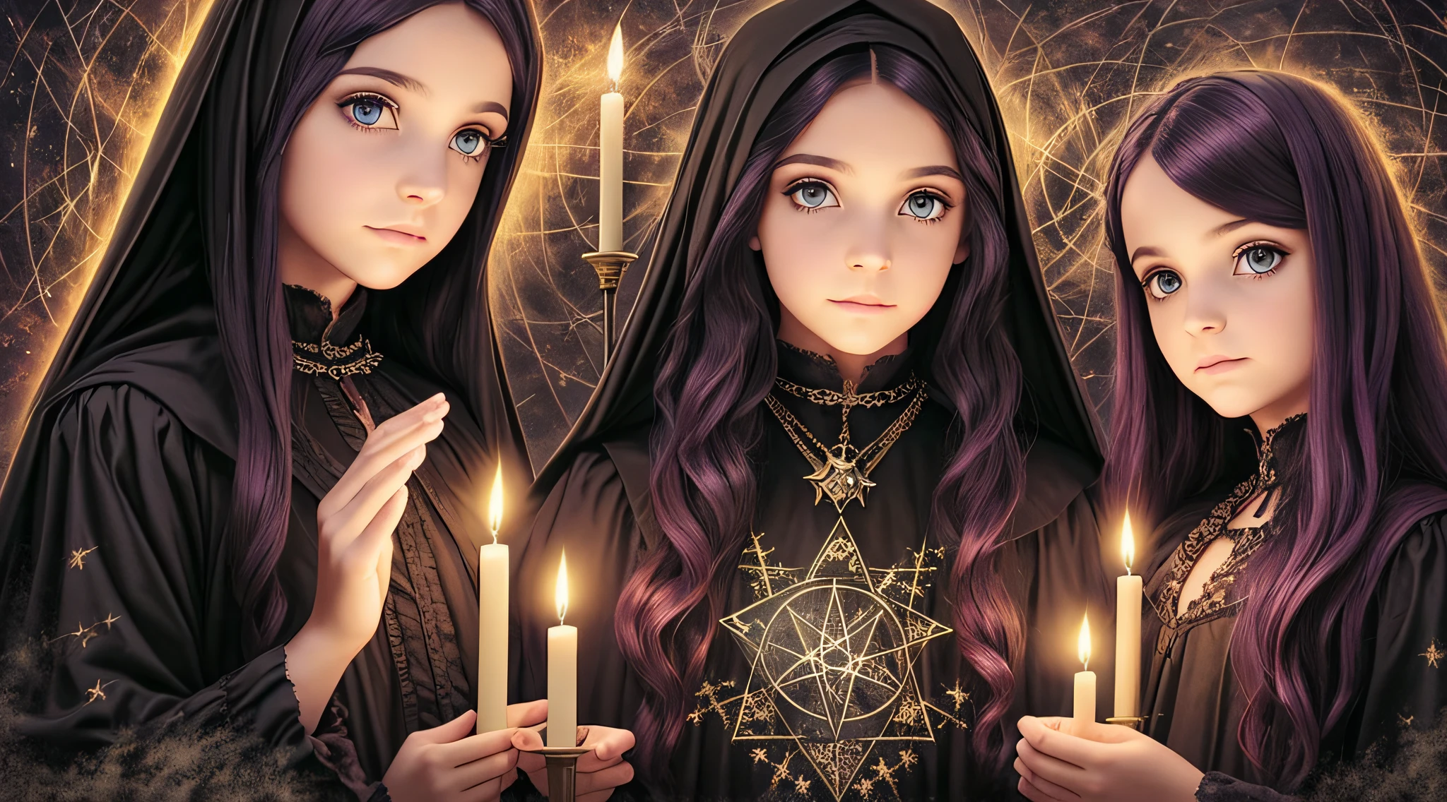 Three girls in Gothic costumes are holding candles and praying, black magic spells, scary horrifying satanic rituals, spell casting, spell casting wizard, Wicca, Bruxas, com poderes de magia negra, !5 three eyed goddesses, em vestes roxas escuras, 3 sisters look into the mirror, kramskoi 4 mil, holy flame spell, Wiccano, with magical powers