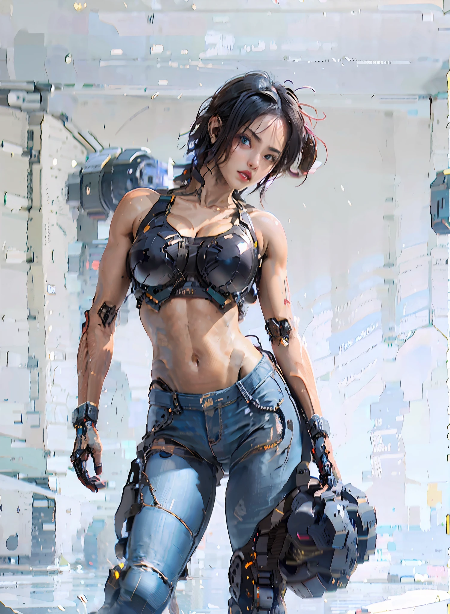 Arafed mujer cyberpunk con un top negro mojadoy jeans rotos posando para una foto, ripeado, Chica en forma, con ABS, cuerpo fuerte, fitness model, Camisa corta y abdominales fuertes, Paquetes de seis, fit physique, cuerpo en forma, Physical sports, Abs, magro pero musculoso, Paquete de seis, Mujer en forma, Muscle, Cuerpo atractivo, pose fuerte, cuerpo perfecto, Delgado y musculoso, Cybernetic prostheses attached to the arms and cybernetic helmet very detailed position