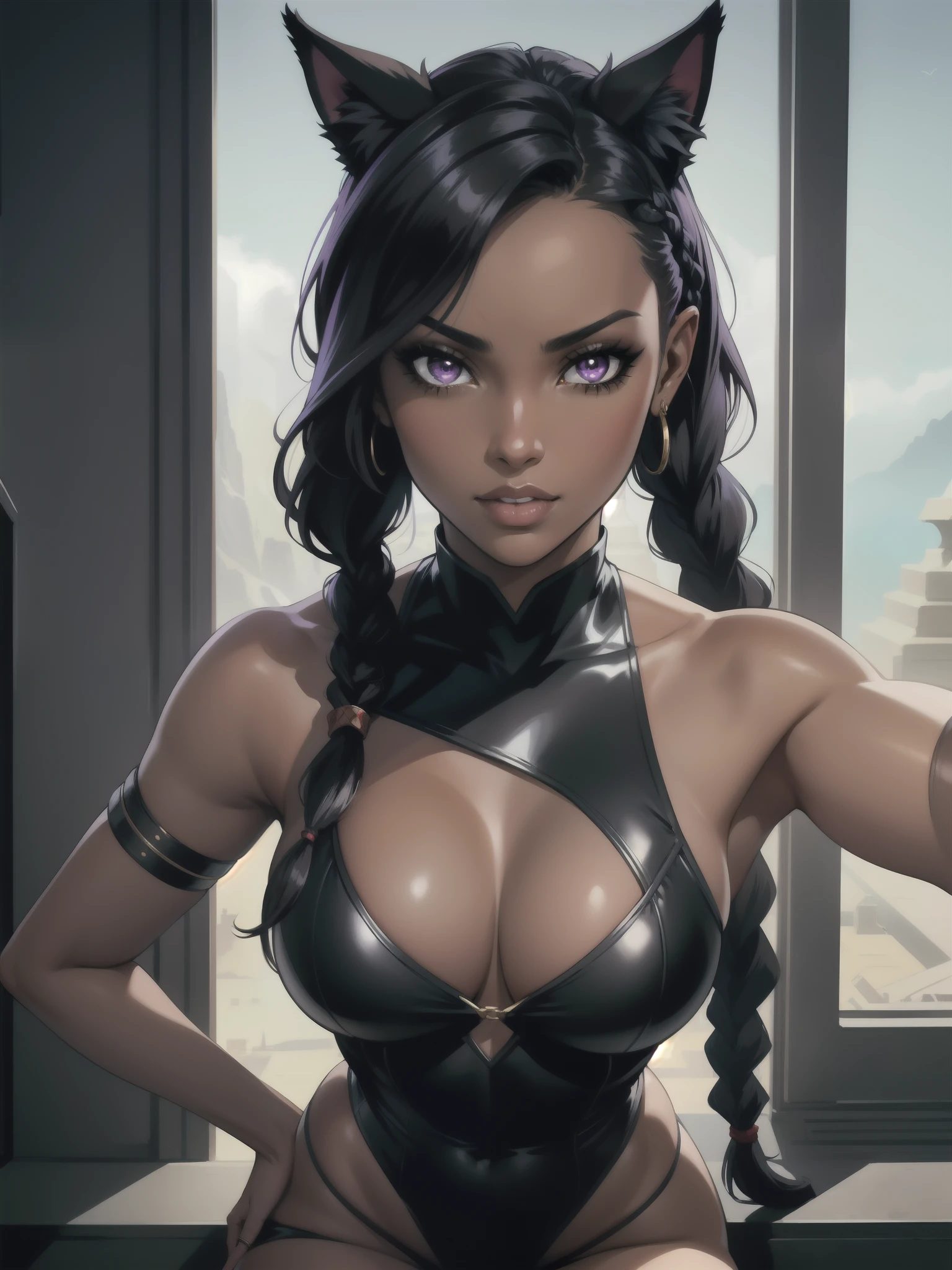 Portrait, Masterpiece, Excellent, 1girl, solo, complex details, color diffusion, close-up, dark-skinned female, Miqo'te female, cat ears, brown skin, black skin, ebony, thighs, black hair, dark hair, braided hair, purple eyes, skimpy attire, epic attire, badass, assassin, demon goddess, super villain, Sci-Fi, Fantasy