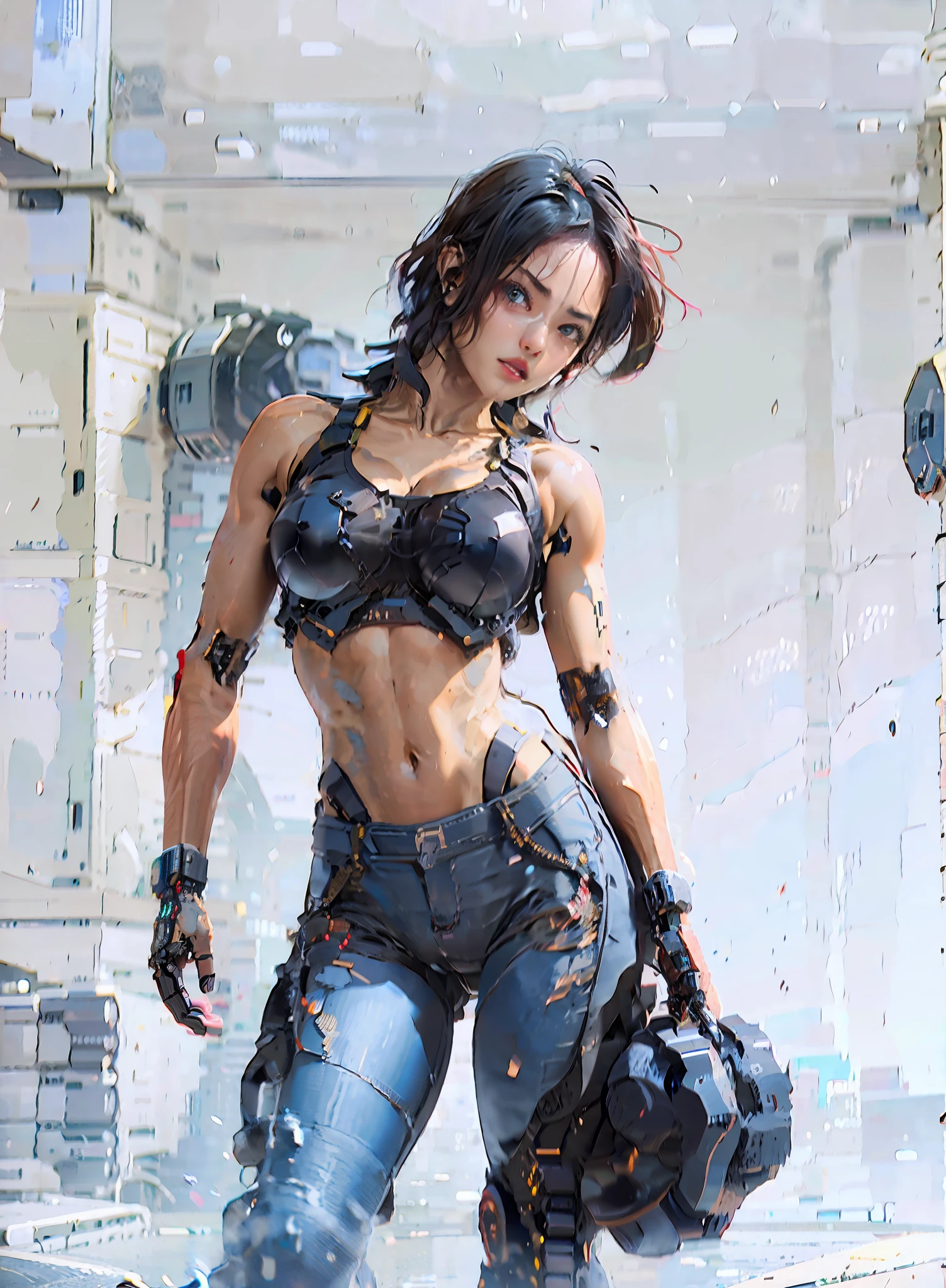 Arafed mujer cyberpunk con un top negro mojadoy jeans rotos posando para una foto, ripeado, Chica en forma, con ABS, cuerpo fuerte, fitness model, Camisa corta y abdominales fuertes, Paquetes de seis, fit physique, cuerpo en forma, Physical sports, Abs, magro pero musculoso, Paquete de seis, Mujer en forma, Muscle, Cuerpo atractivo, pose fuerte, cuerpo perfecto, Delgado y musculoso, Cybernetic prostheses attached to the arms and cybernetic helmet very detailed position