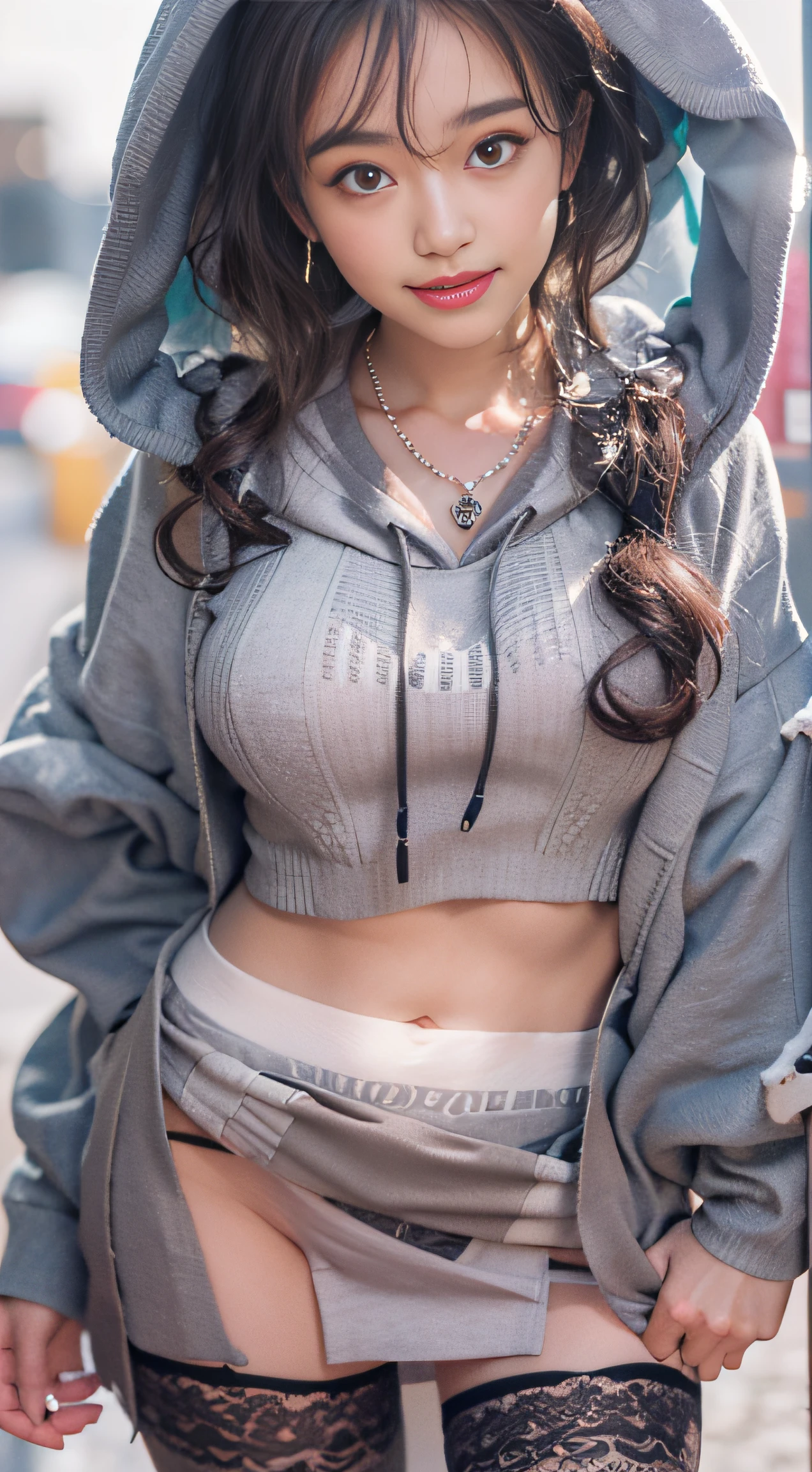 ((8K)),Film photography, 1 girl, (Hoodie:1.2), (short skirt), upper legs, navel,necklace, Earrings, Seductive smile, Medium breast, full bodyesbian, drunk blush:1.5, black wavy shoulder-length hair, serene, calm, (Realistic detailed eyes, Natural skin texture, Realistic face details), Soft dramatic lighting, Depth of field, Bokeh, vibrant detail, finely detailed, Hyperrealistic,20yr old, ((skirt lift by yourself)), (Skirt lift), (Panties , panty focus),(Camel hooves), Blush, parted lip, view the viewer ,(Clear eyes,Clear nose,Clear lips,Fair skin),Semi-body shot , Wear a hooded jacket ,(Tokyo streets ,Falling snow), --v6