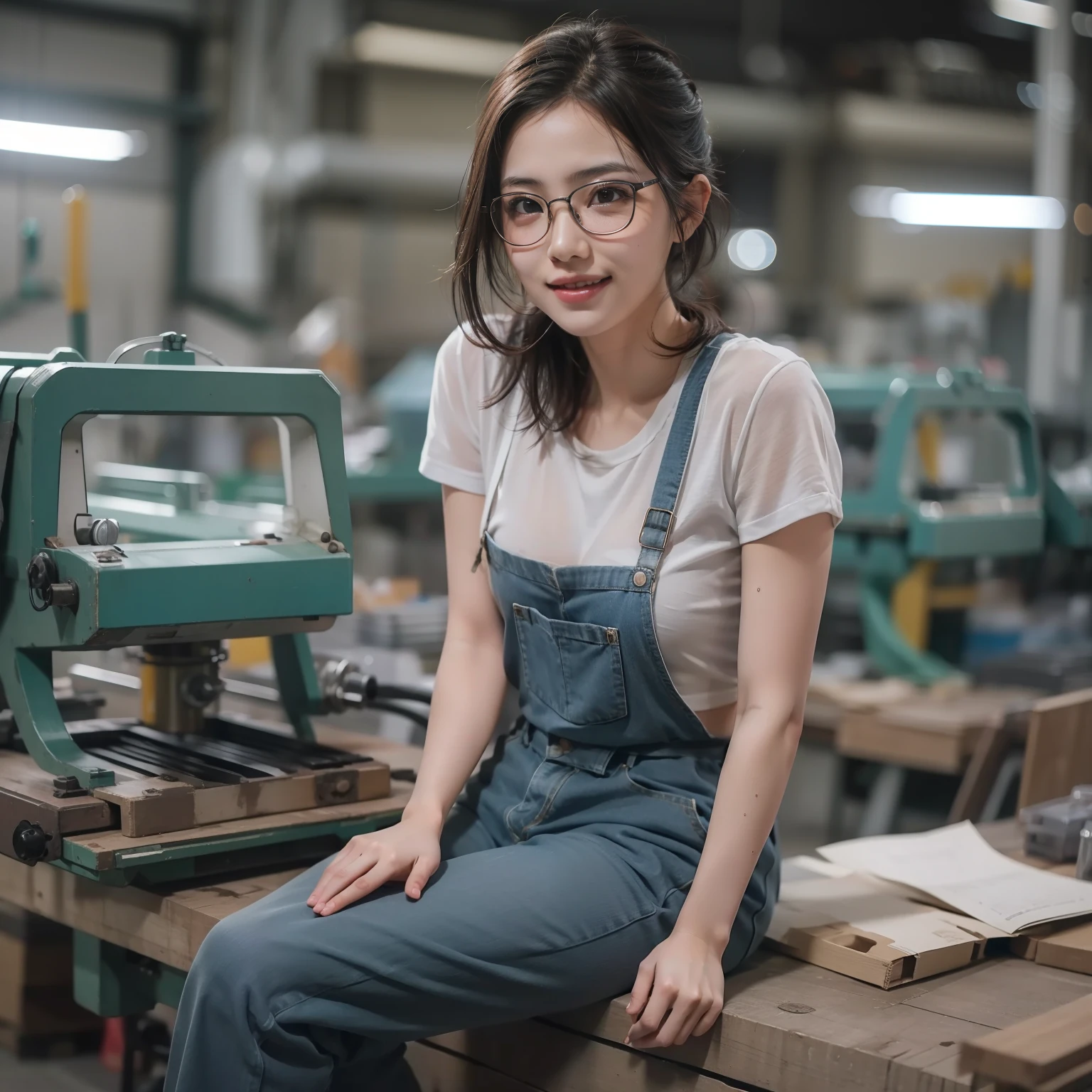 Beautiful woman looking at camera、 28 year old、tiny chest, In a small factory, detailed tits、downbrouse, Homework、Sweaty face、a smile、Wearing slightly cloudy glasses
