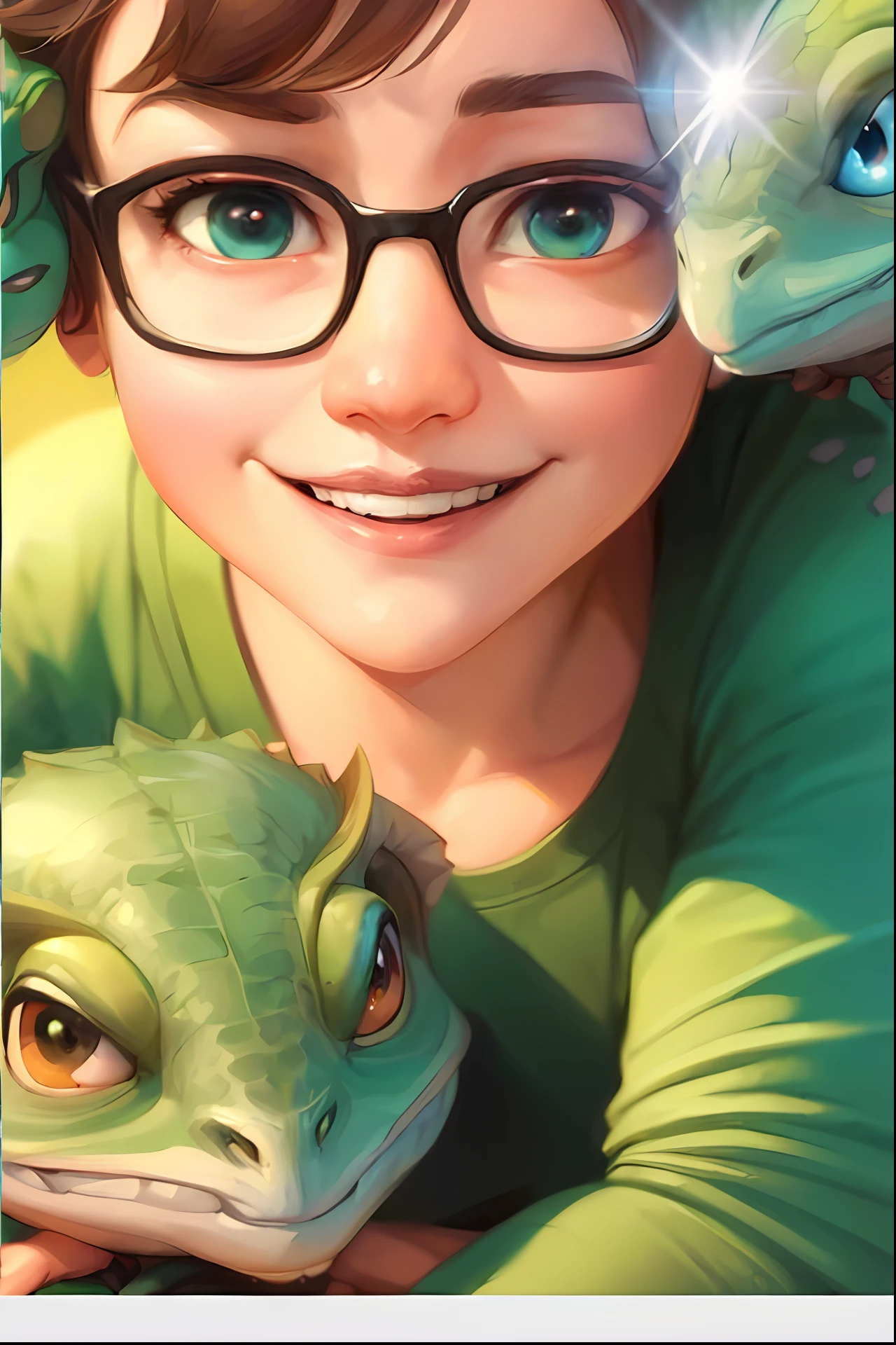 A closeup of a person holding an ultra-ralist chameleon with gorgeous eyes adorable digital painting, Loish e Goro Fujita, Li Zixin, Directed by: Li Fangying, Directed by: Gao Fenghan, Artgerm e Atey Ghailan, Artgerm e Lois van Baarle, Directed by: Cheng Jiasui, arte de pintura digital dos desenhos animados, bonito ligeiramente nerd sorriso