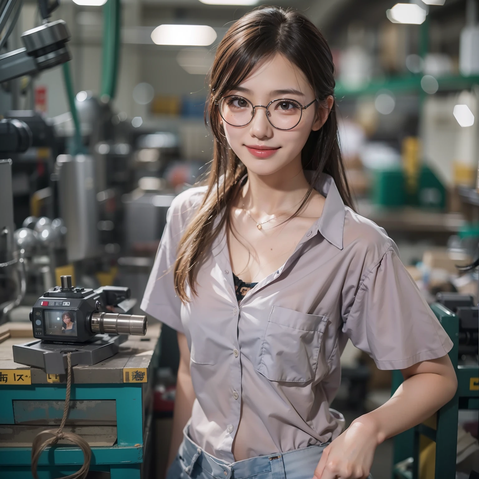 Beautiful woman looking at camera、 18 years old、tiny chest, In a small factory, detailed tits、downblouse, Workwear 、Sweaty face、a smile、Wearing cloudy glasses, breasts are visible through the chest, round face, Japanese girl