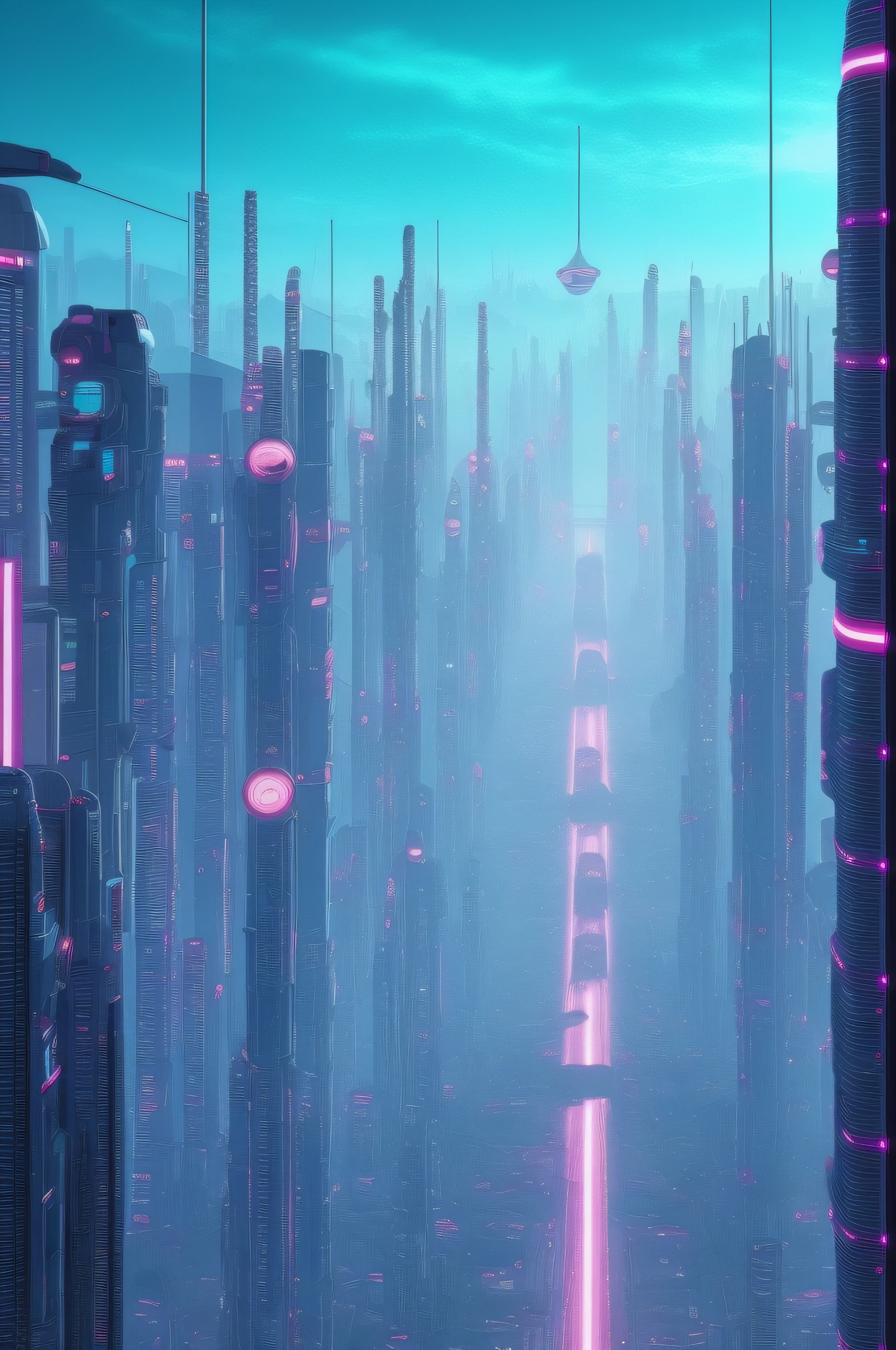 Uma moto numa cidade, cidade cyberpunk, Large buildings, horizonte ensolarado, indescribable vibe