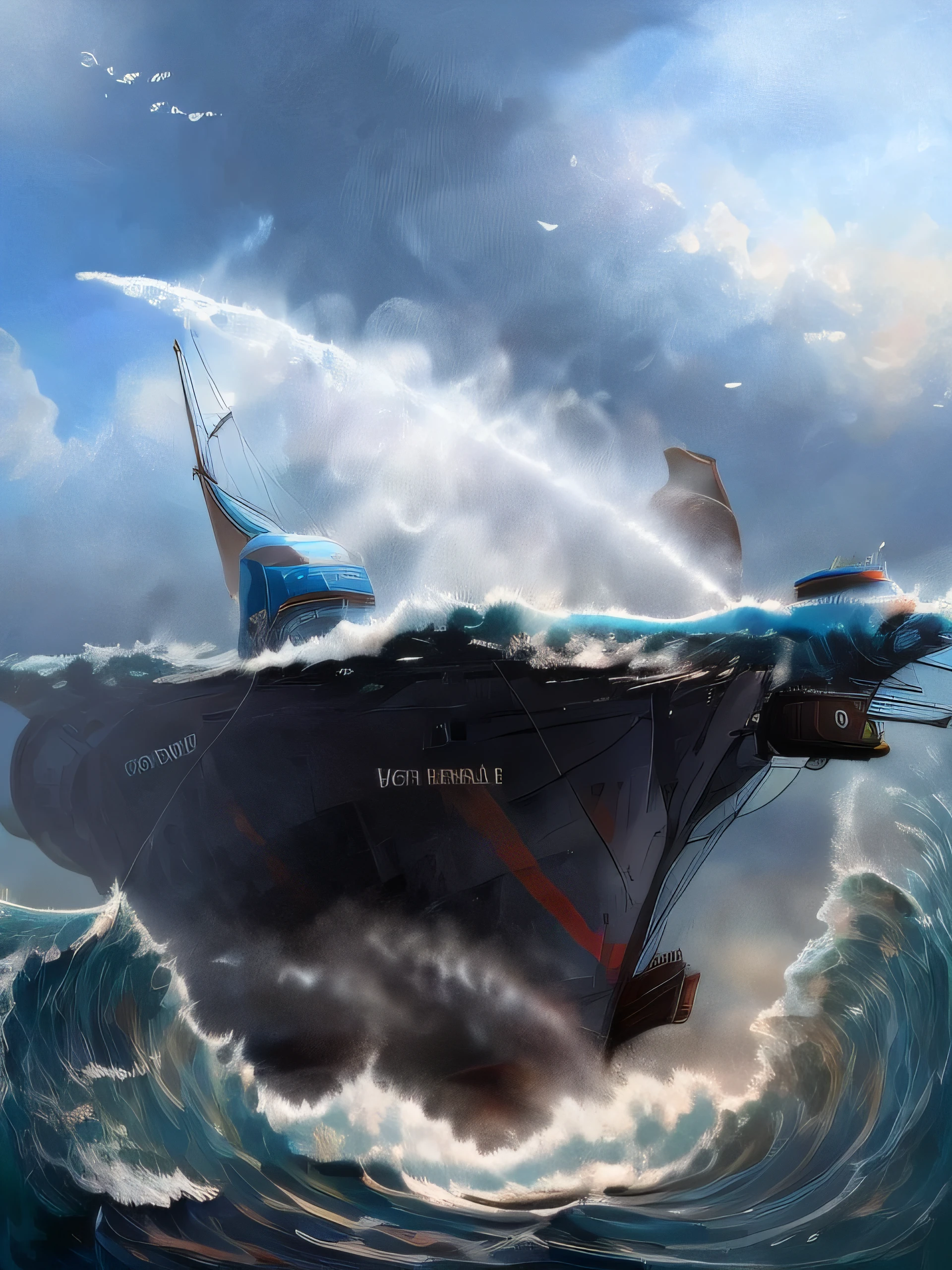 Warship Holy Trinity jumping between the clouds firing its cannons and down the rough sea with huge waves the enemy ships try to surround him