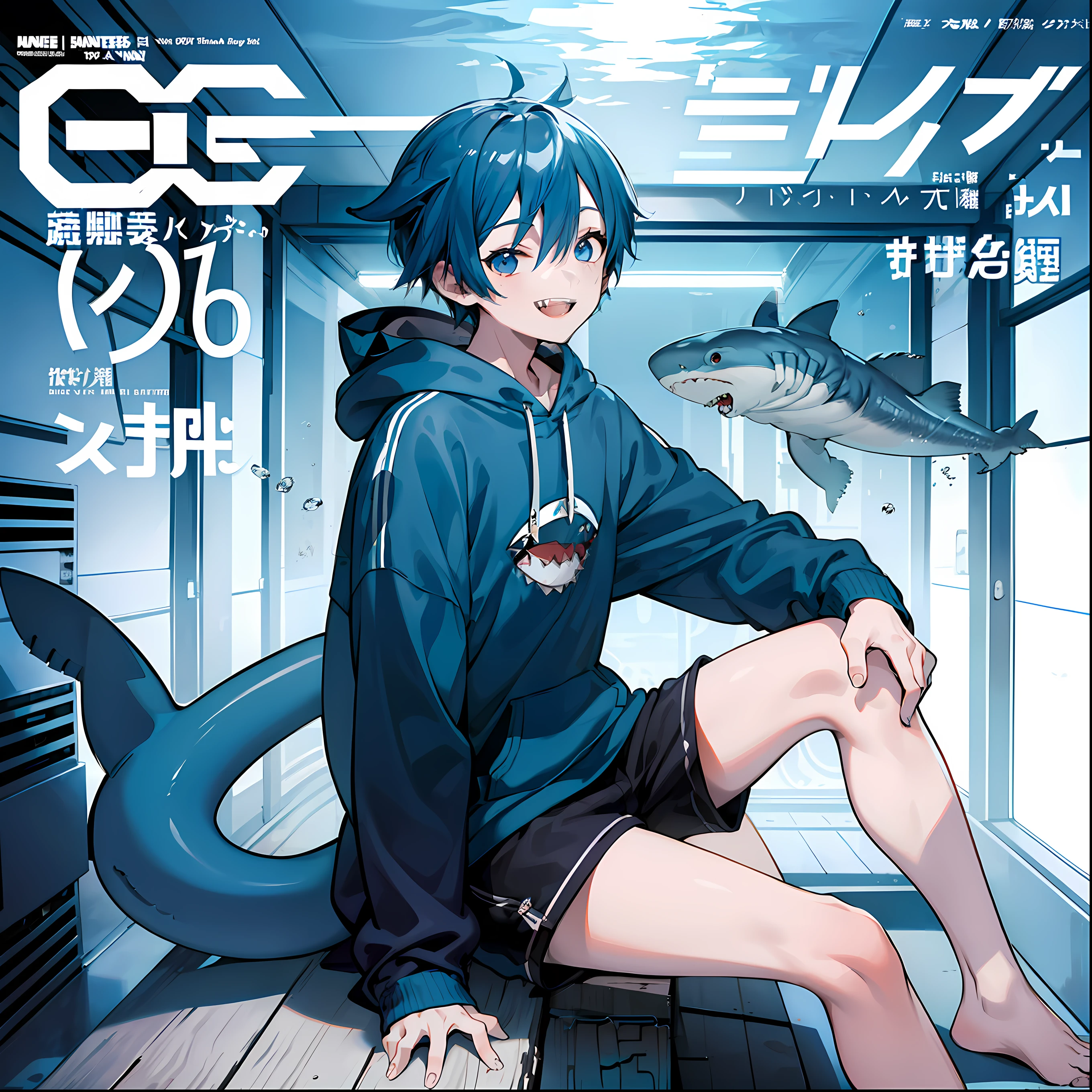 masterpiece, best quality, full body, (1boy), (Wearing a blue shark tail hoodie), (smiling shark teeth),(Boy Messy Japanese Round Haircut for Thick Hair), (blue hair), black shorts, ((solo)), (magazine:1.3), (cover-style:1.3), fashionable,Under water, (in side tunnel aquarium),