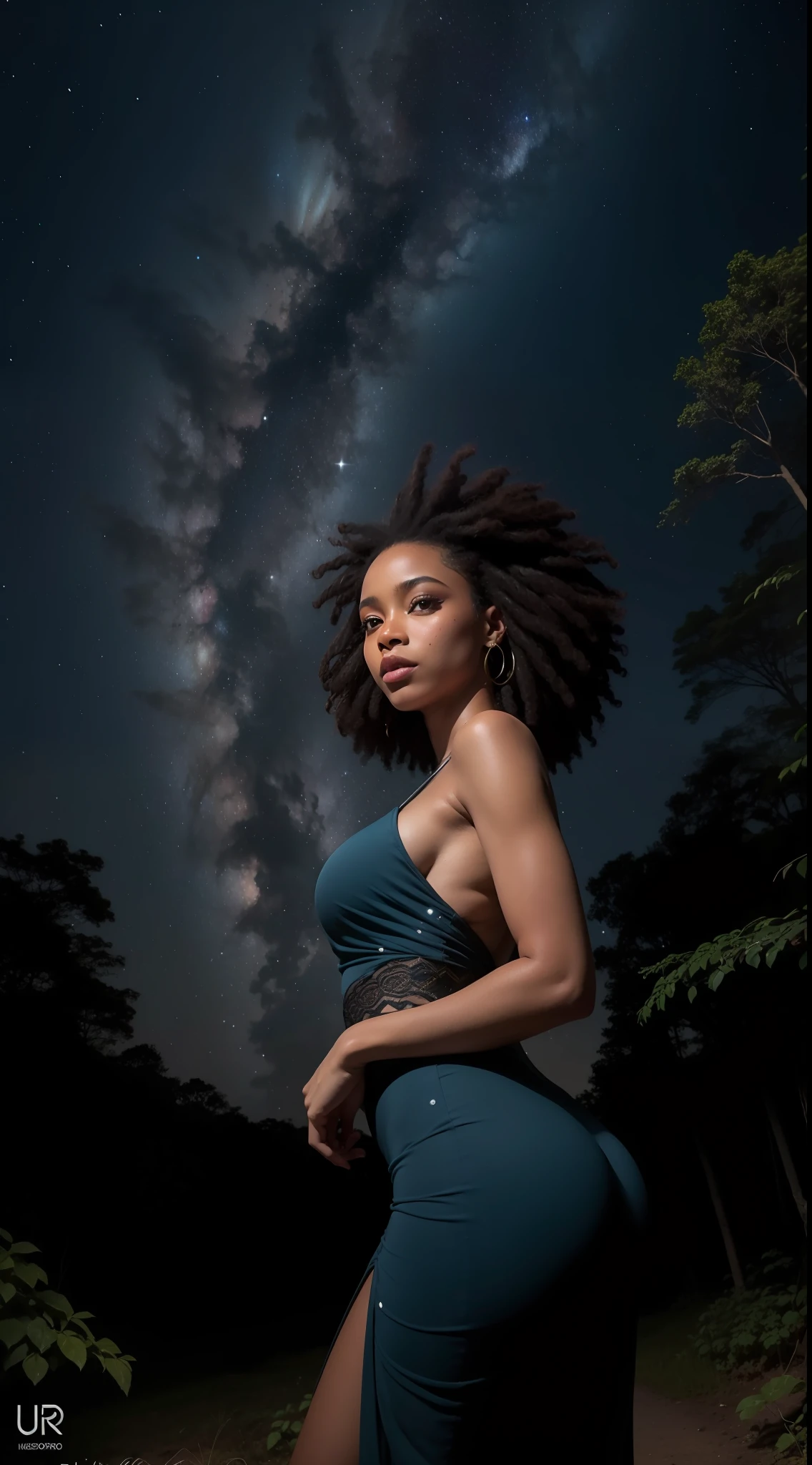 Foto de 1 Garota de 18 anos corpo inteiro,pele branca com cabelo curto afro americano ,usando vestido preto, in the dark the night starry sky in a forest holding a luminous sphere, cercada de vagalumes,foto em 8k ultra realista