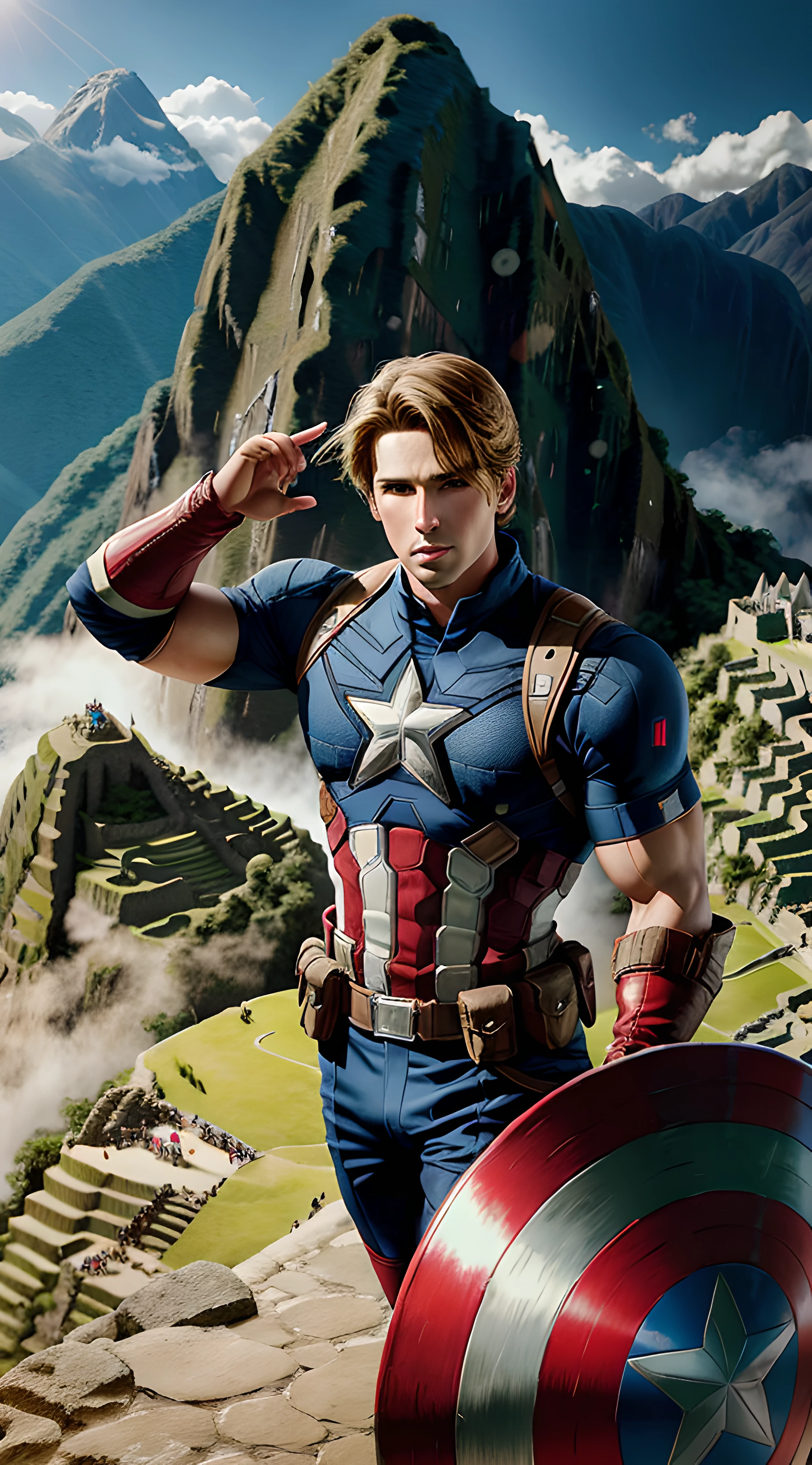 captain america take photo on machu picchu, highly detailed, concept, professional photograph