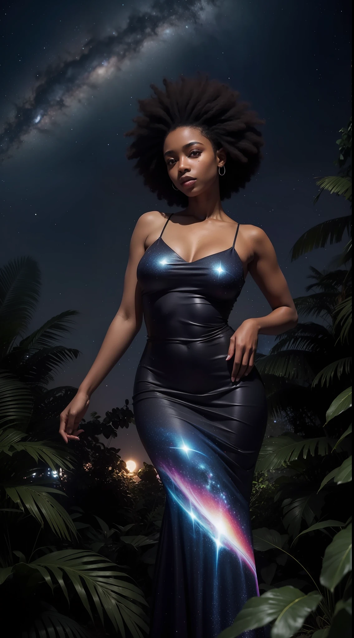 Foto de 1 Garota de 18 anos corpo inteiro,pele branca com cabelo curto afro americano ,usando vestido preto, in the dark the night starry sky in a forest holding a luminous sphere, cercada de vagalumes,foto em 8k ultra realista