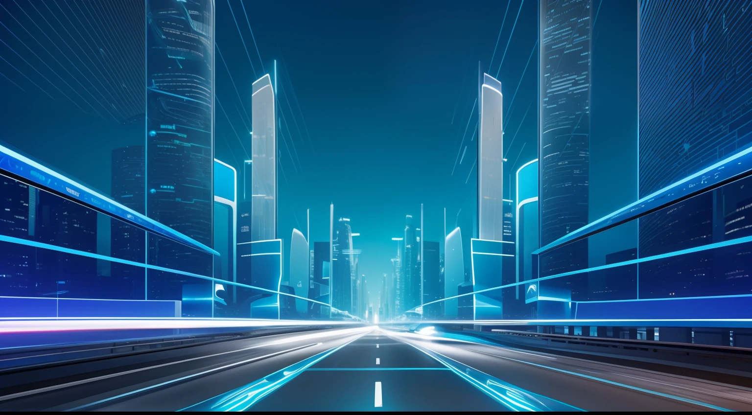 blue colors,Rich and intricate details,Future curve abstract style,Technology elements,AI-generated images of technology present visually appealing futuristic scenarios。In the foreground,The urban and highway complexes of the future transparent material are located on smooth transparent panels,Exudes a soft and ethereal glow。Holograms show complex patterns、Visualize data and vibrant colors,It represents the fusion of information and innovation。A high resolution