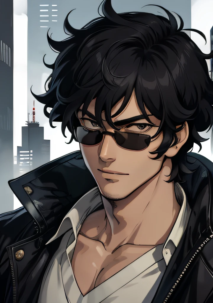 imagine Spike Spiegel with traces of Satoru Gojo, Jujutsu Kaisen, Handsome man with medium length black hair, wearing sunglasses on the bridge of the nose, revelando seus profundos olhos castanhos escuros, olhando para os espectadores, Charismatic behavior, Confident expression with a subtle smile, atmosferas hiper-realistas, detalhes, Anime dos anos 80, 8k