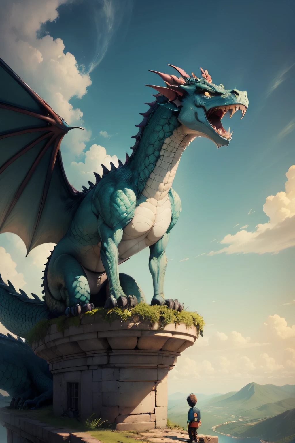 Boy on top of a dragon ,reino em ruinas background, cartoon, animado
