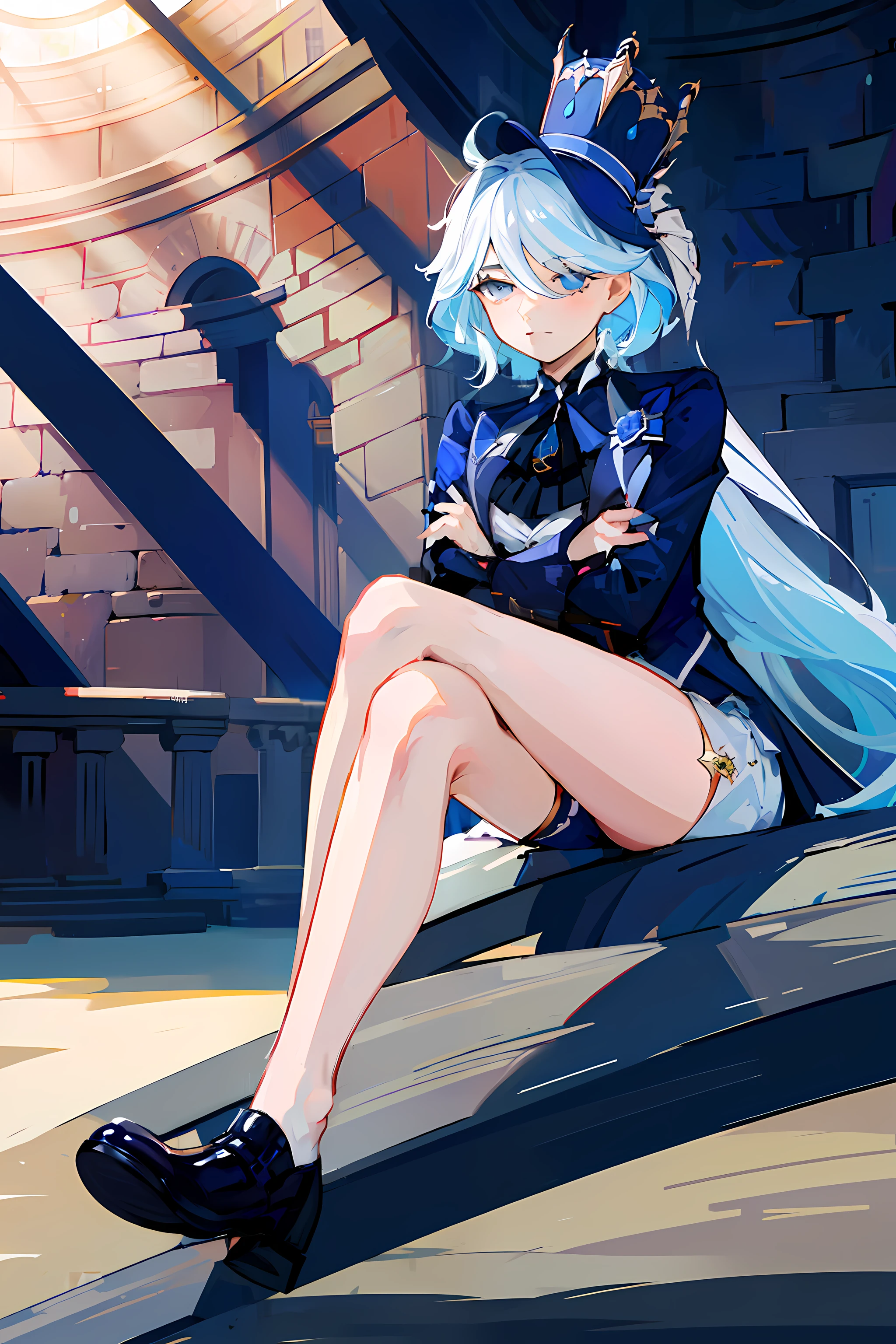 (masterpiece),best quality, expressive eyes, perfect face,w sitting, w sitting on ground, legs on ground, 1girl,
big breast, H-cup, good breast,Focalors, crossing arms, beautiful, gorgeous