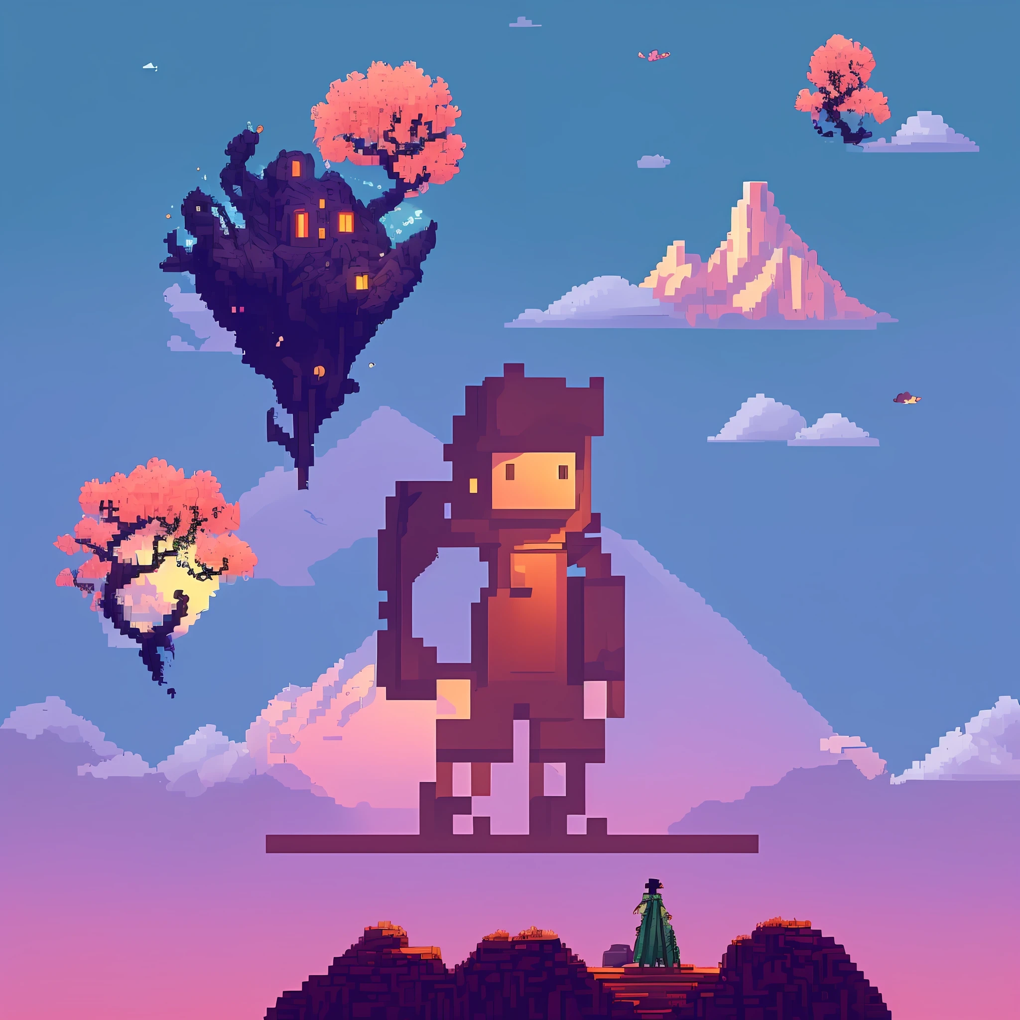 a capa do jogo "O Tesouro Perdido" em pixel art apresenta um personagem principal em primeiro plano, vestido com roupas de explorador e segurando uma lanterna. Ao redor dele, There are magical elements, like enchanted trees and fantastic creatures. The background depicts a magical world with mountains, rivers and ancient ruins. The title "O Tesouro Perdido" it's written in style, letras estilizadas no estilo pixel art.