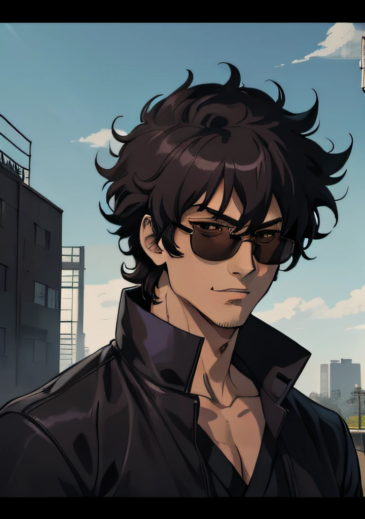 imagine Spike Spiegel with traits of Satoru Gojo, Jujutsu Kaisen, Handsome man with black medium length hair, wearing sunglasses on the bridge of his nose, revealing his deep dark brown eyes, looking at viewers, charismatic demeanor, Confident expression with a subtle smile, hyper-realistic atmospheres, details, 80s anime, 8k