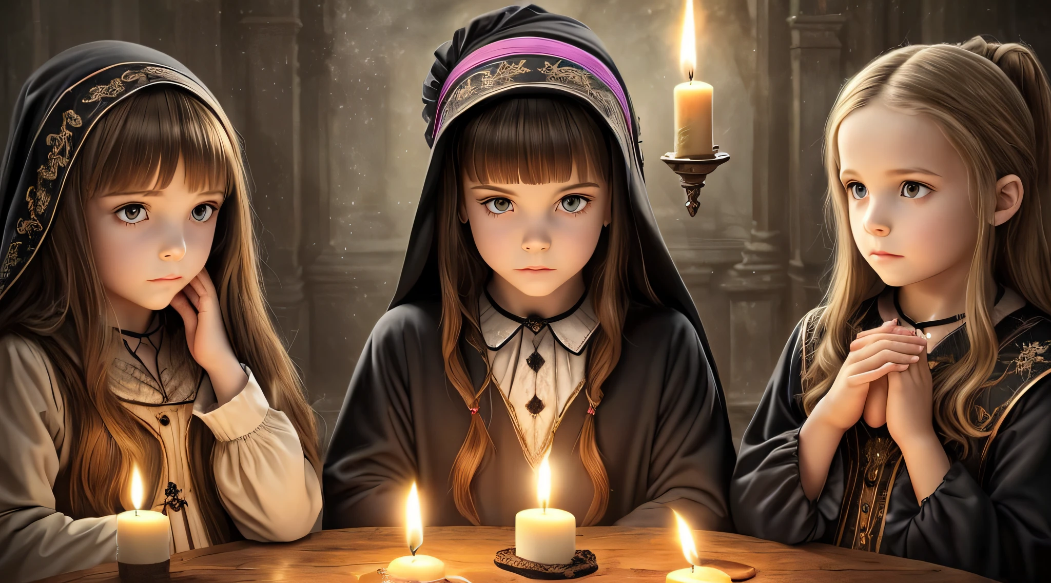 Three girls in Gothic costumes are holding candles and praying, black magic spells, scary horrifying satanic rituals, spell casting, spell casting wizard, Wicca, Bruxas, com poderes de magia negra, !5 three eyed goddesses, em vestes roxas escuras, 3 sisters look into the mirror, kramskoi 4 mil, holy flame spell, Wiccano, with magical powers
