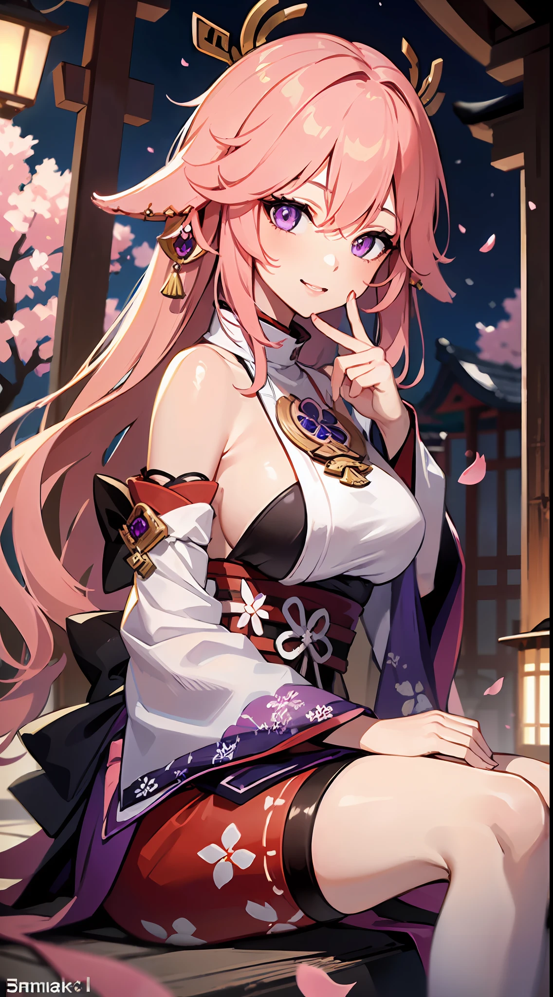 1girl, (ulzzang-6500:0.7), kpop idol, yae miko, detached sleeves, bare shoulders, pink hair, long hair, japanese clothes, best quality, (painting:1.5), (hair ornament:1.35), jewelry, purple eyes, earrings, breasts, torii, cherry blossoms, lantern light, depth of field, detailed face, face focus, ribbon_trim, (looking at viewer:1.25), nontraditional miko, shiny skin, long sleeves, smile, thick lips, game cg, hands on lips, east asian architecture, (blurry background:1.2), sitting, upper body,