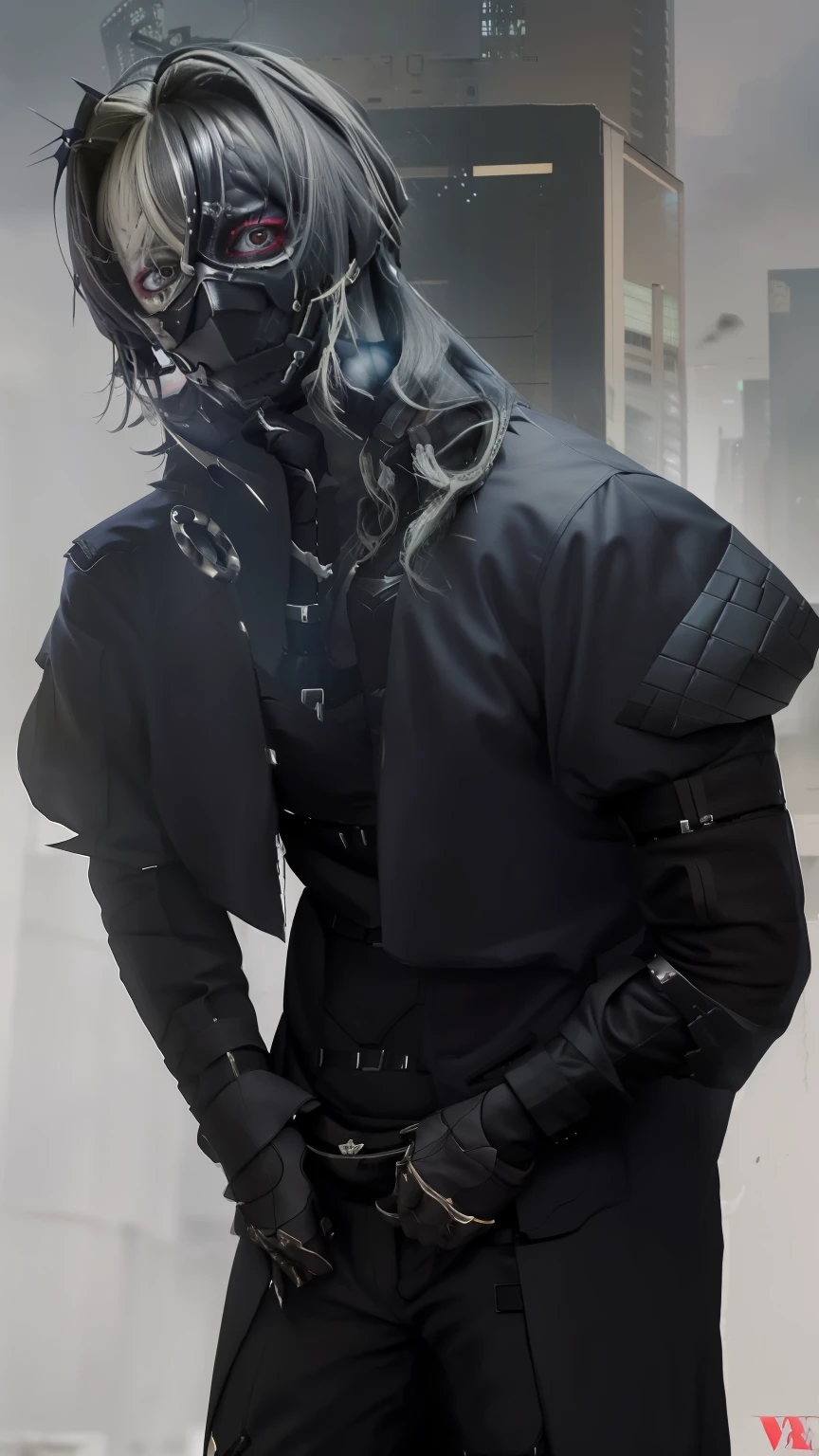 There's a man wearing a black suit and a mask with 3D thorns, ocultista Techwear, usando roupas e armaduras, traje com detalhes azuis, roupa Cyberpunk, traje completo, Cyberpunk vestindo, wearing apocalyptic clothes, wearing all black mempo mask, Techwear!! intrincado, roupa estilo Cyberpunk, dystopian scifi outfit, fashionable cyberpunk mechanoid, Cyberpunk)))