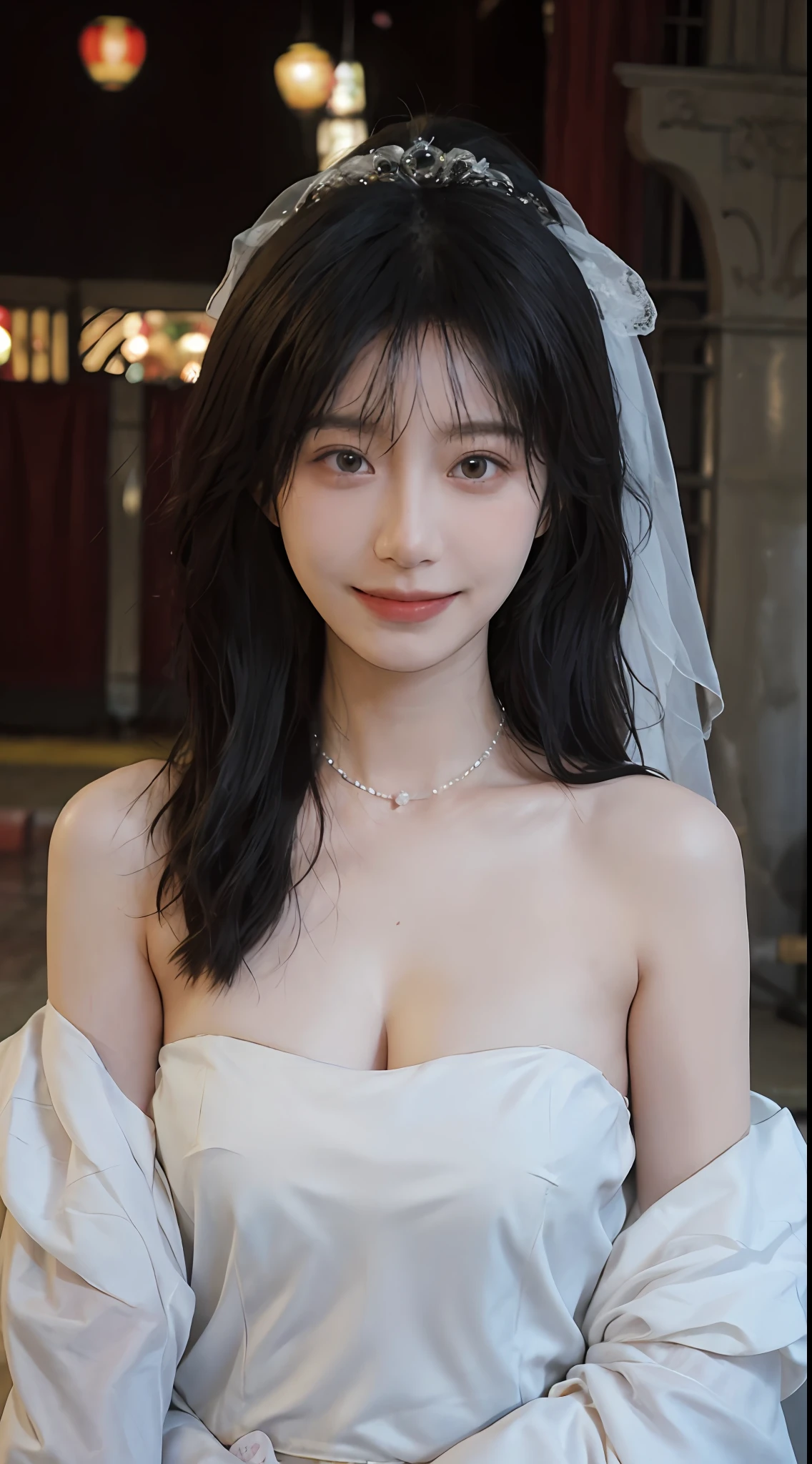 best qualtiy, 超高分辨率, (realisticlying:1.4),cute hairpin,Baoyu Girl,Stand in the wedding hall,Wearing a white bandeau wedding dress,(flatchest:1.2) ,A pair of clear and moving peach blossom eyes,Royal Sister,sunshine on face,Big wavy hairstyle,(choker necklace:1.2),(Fair skin:1.4),a sense of atmosphere,a beauty girl, Charming smile,head straight-looking at viewer, closeup cleavage ,(Photorealistic:1.4),1girll,Sexy,(Upper body:1.4),(Wet body),(:1.2)