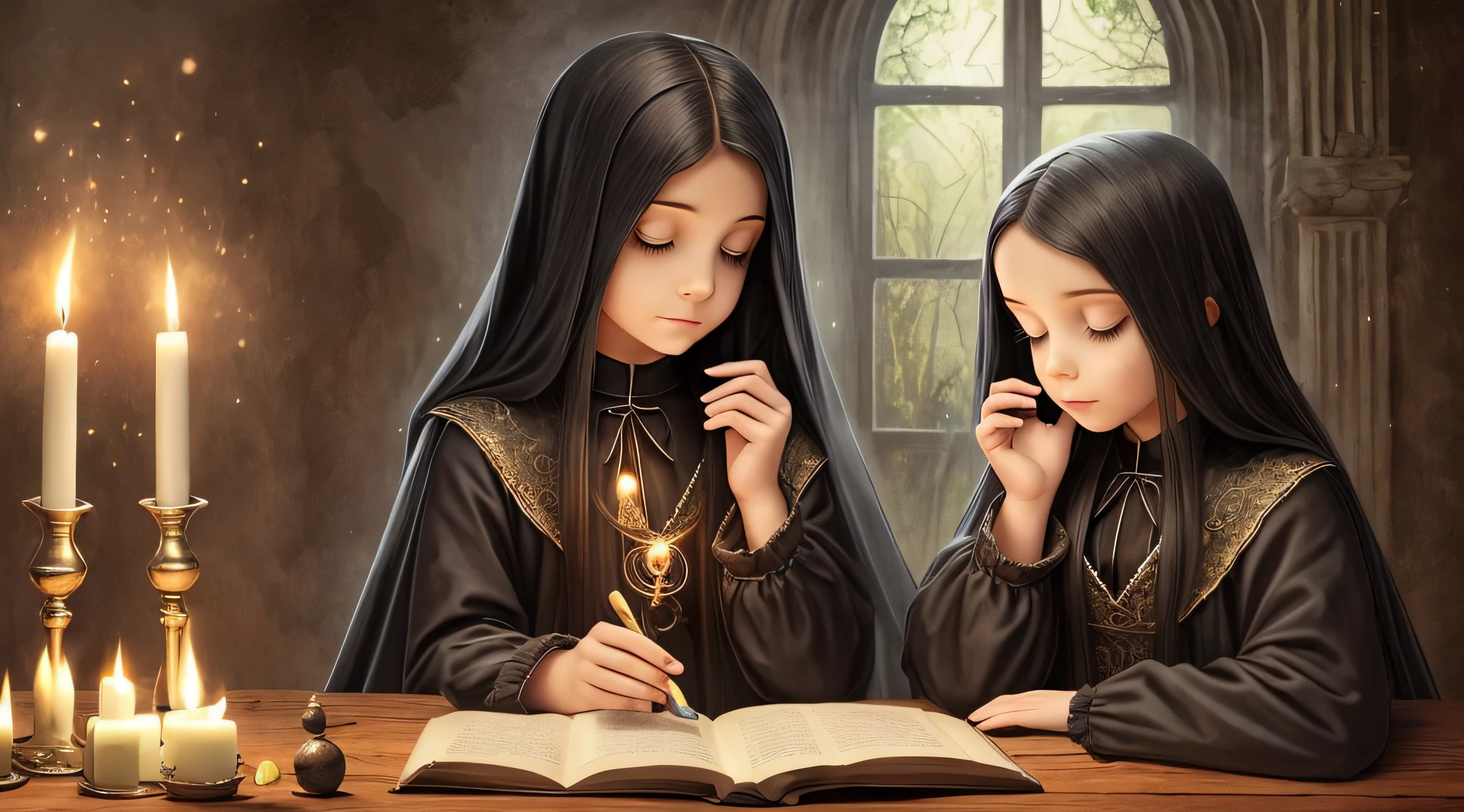 Three girls in Gothic costumes are holding candles and praying, black magic spells, scary horrifying satanic rituals, spell casting, spell casting wizard, Wicca, Bruxas, com poderes de magia negra, !5 three eyed goddesses, em vestes roxas escuras, 3 sisters look into the mirror, kramskoi 4 mil, holy flame spell, Wiccano, with magical powers