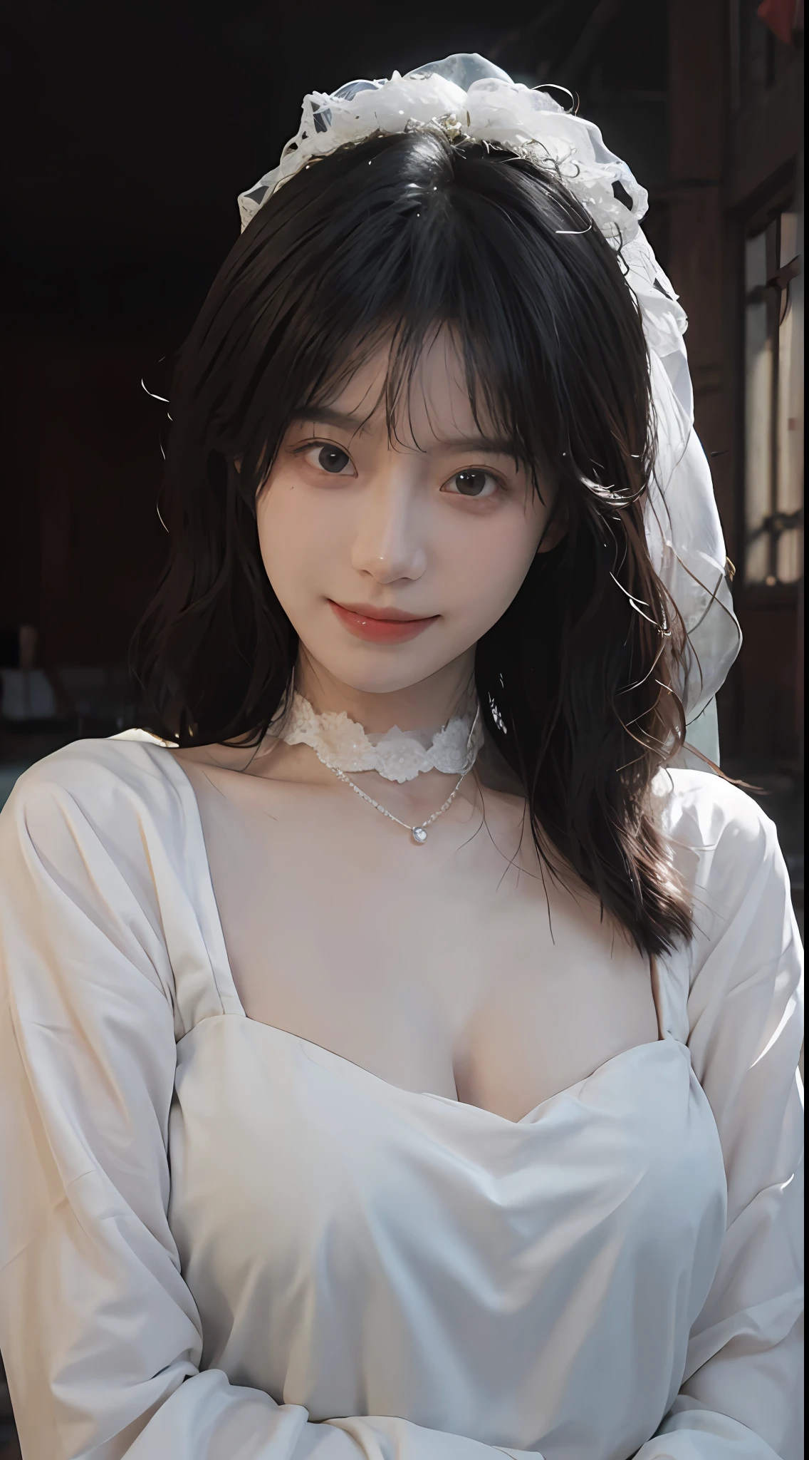 best qualtiy, 超高分辨率, (realisticlying:1.4),cute hairpin,Baoyu Girl,Stand in the wedding hall,Wearing a white bandeau wedding dress,(flatchest:1.2) ,A pair of clear and moving peach blossom eyes,Royal Sister,sunshine on face,Big wavy hairstyle,(choker necklace:1.2),(Fair skin:1.4),a sense of atmosphere,a beauty girl, Charming smile,head straight-looking at viewer, closeup cleavage ,(Photorealistic:1.4),1girll,Sexy,(Upper body:1.4),(Wet body),(:1.2)