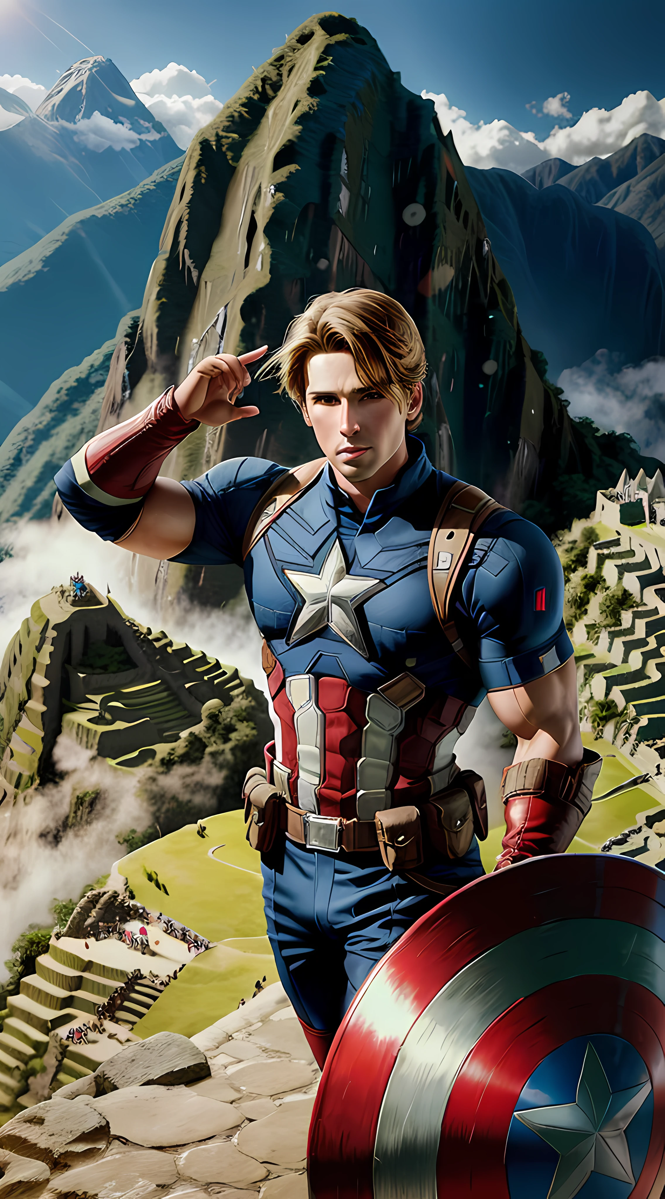 captain america take photo on machu picchu, highly detailed, concept, professional photograph