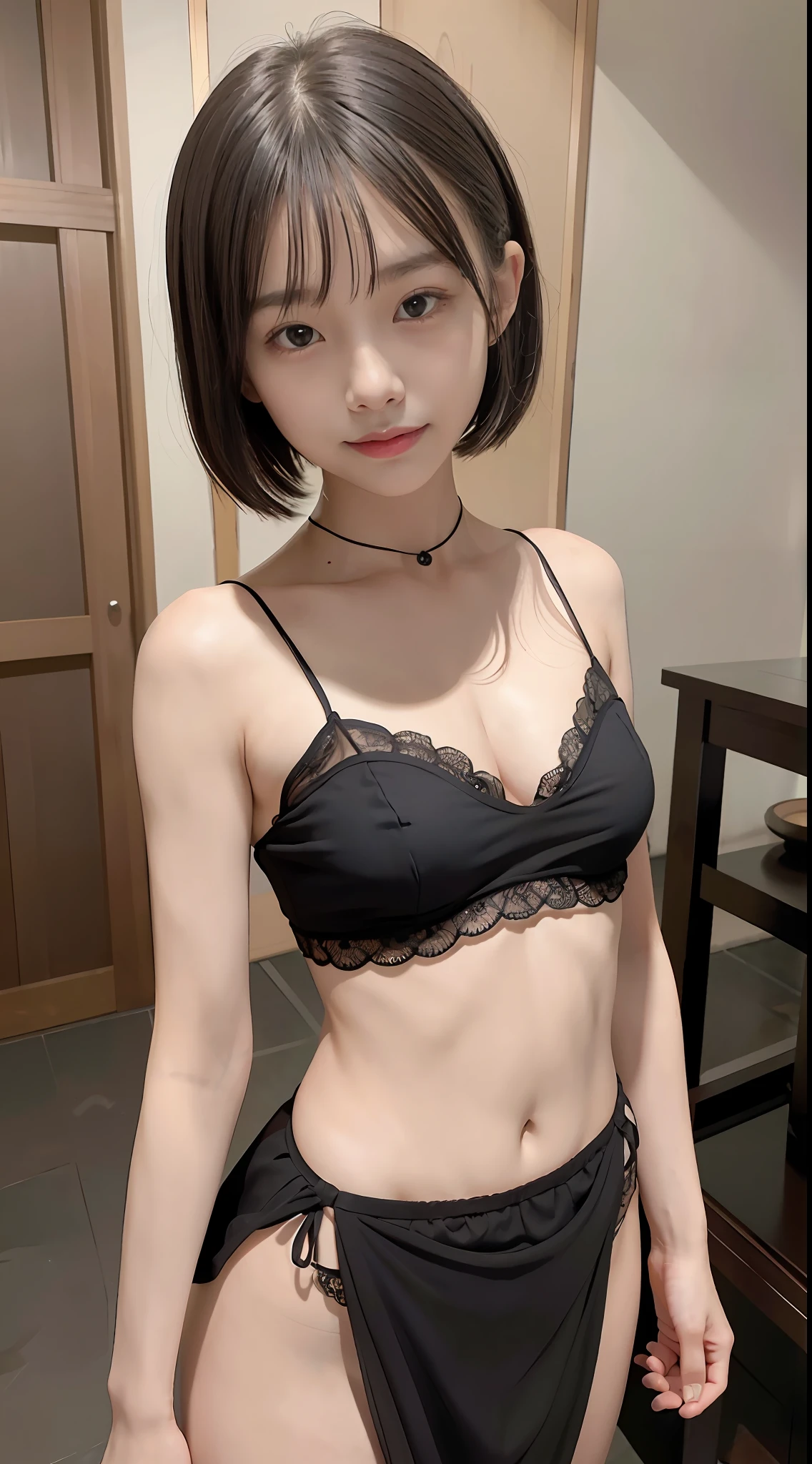 (RAW Photo, Photorealistic, Masterpiece, Best quality), clotch to head, (6headed body), 1girl, ((yo skinny japanese)), stand erect, (behind side hands), smallest head, ((clear skin)), bob cut, ((child tiny round face)), very droopy largest eyes, (navel), abdominal muscle, ((smile)), (((very sheer black lace bandeau long dress))), ((under boobs))