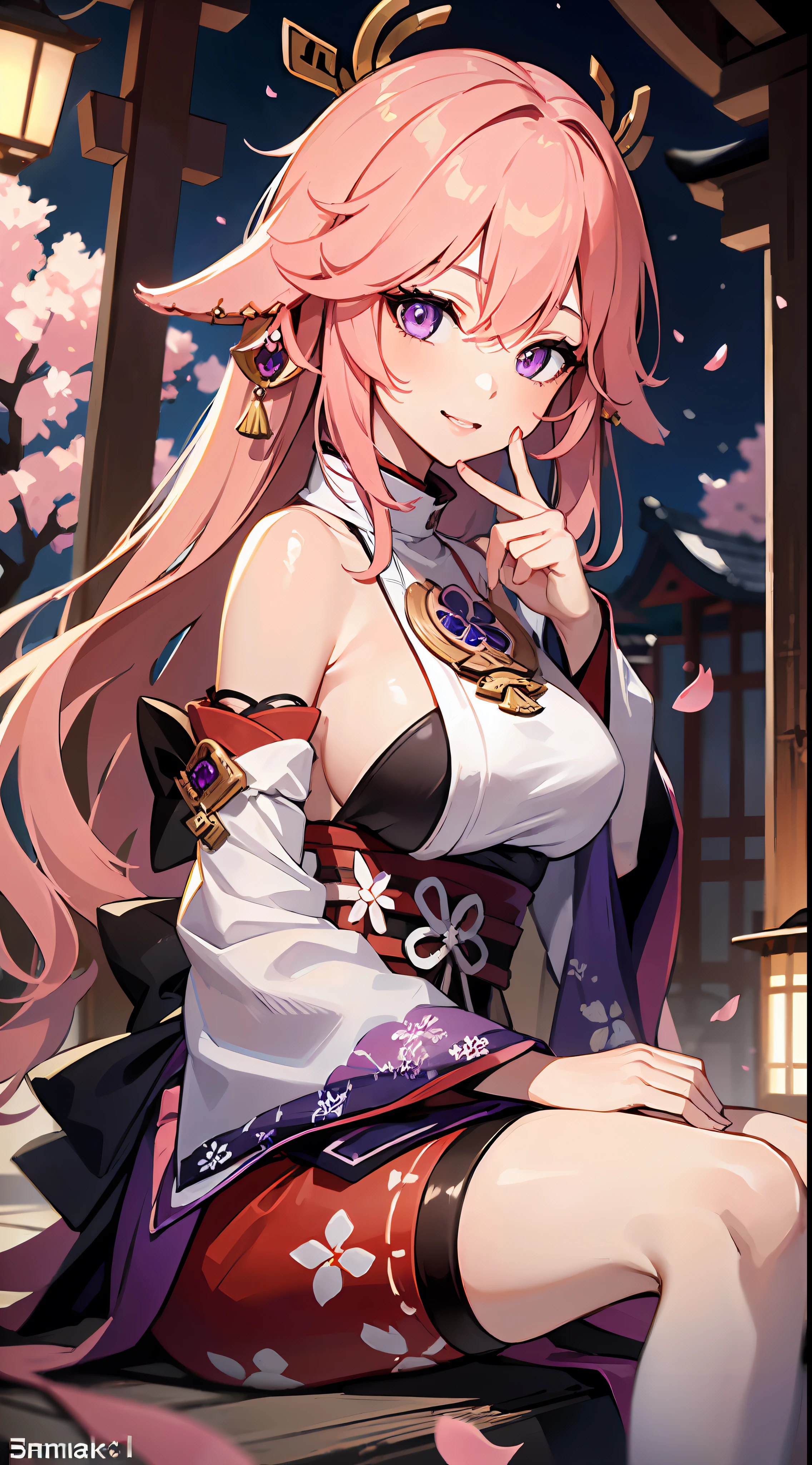 1girl, (ulzzang-6500:0.7), kpop idol, yae miko, detached sleeves, bare shoulders, pink hair, long hair, japanese clothes, best quality, (painting:1.5), (hair ornament:1.35), jewelry, purple eyes, earrings, breasts, torii, cherry blossoms, lantern light, depth of field, detailed face, face focus, ribbon_trim, (looking at viewer:1.25), nontraditional miko, shiny skin, long sleeves, smile, thick lips, game cg, hands on lips, east asian architecture, (blurry background:1.2), sitting, upper body,