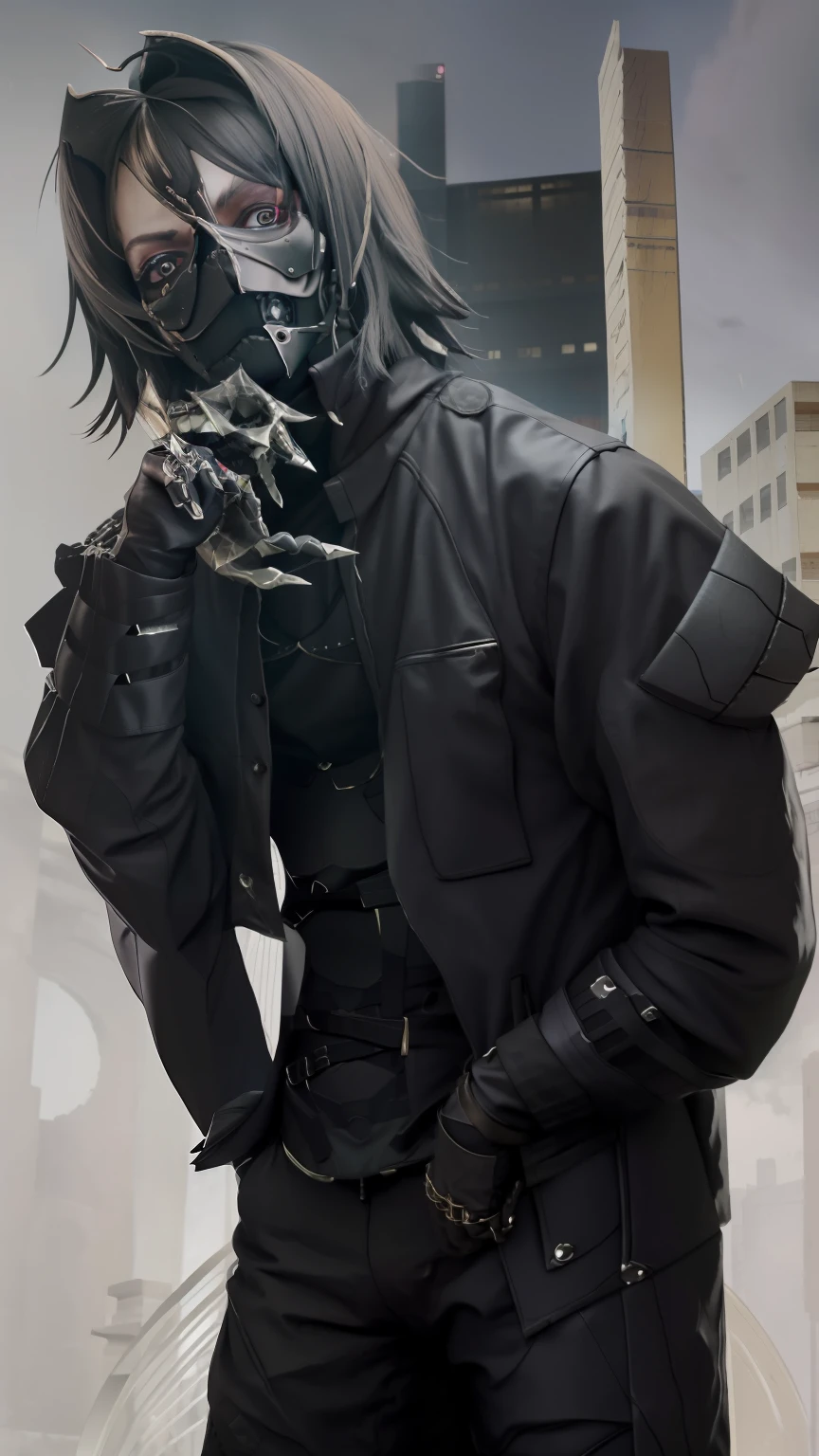There's a man wearing a black suit and a mask with 3D thorns, ocultista Techwear, usando roupas e armaduras, traje com detalhes azuis, roupa Cyberpunk, traje completo, Cyberpunk vestindo, wearing apocalyptic clothes, wearing all black mempo mask, Techwear!! intrincado, roupa estilo Cyberpunk, dystopian scifi outfit, fashionable cyberpunk mechanoid, Cyberpunk)))