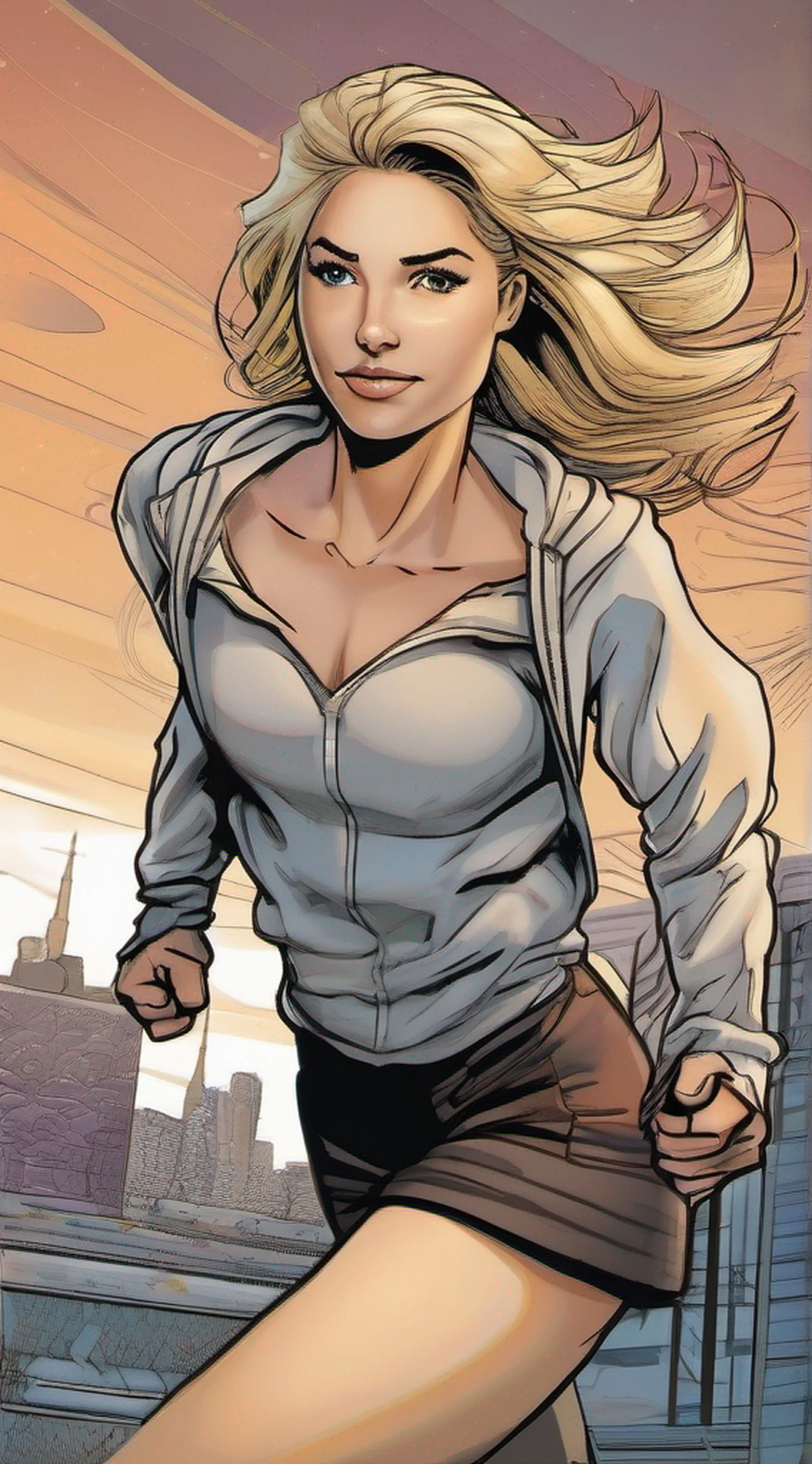 Woman, 25 years old, (((full body))), correndo, wearing run clothes, beautiful blond hair, cartoon style, comic style, 0.8 black lines outline, intricate details, high definition, professional comics studio