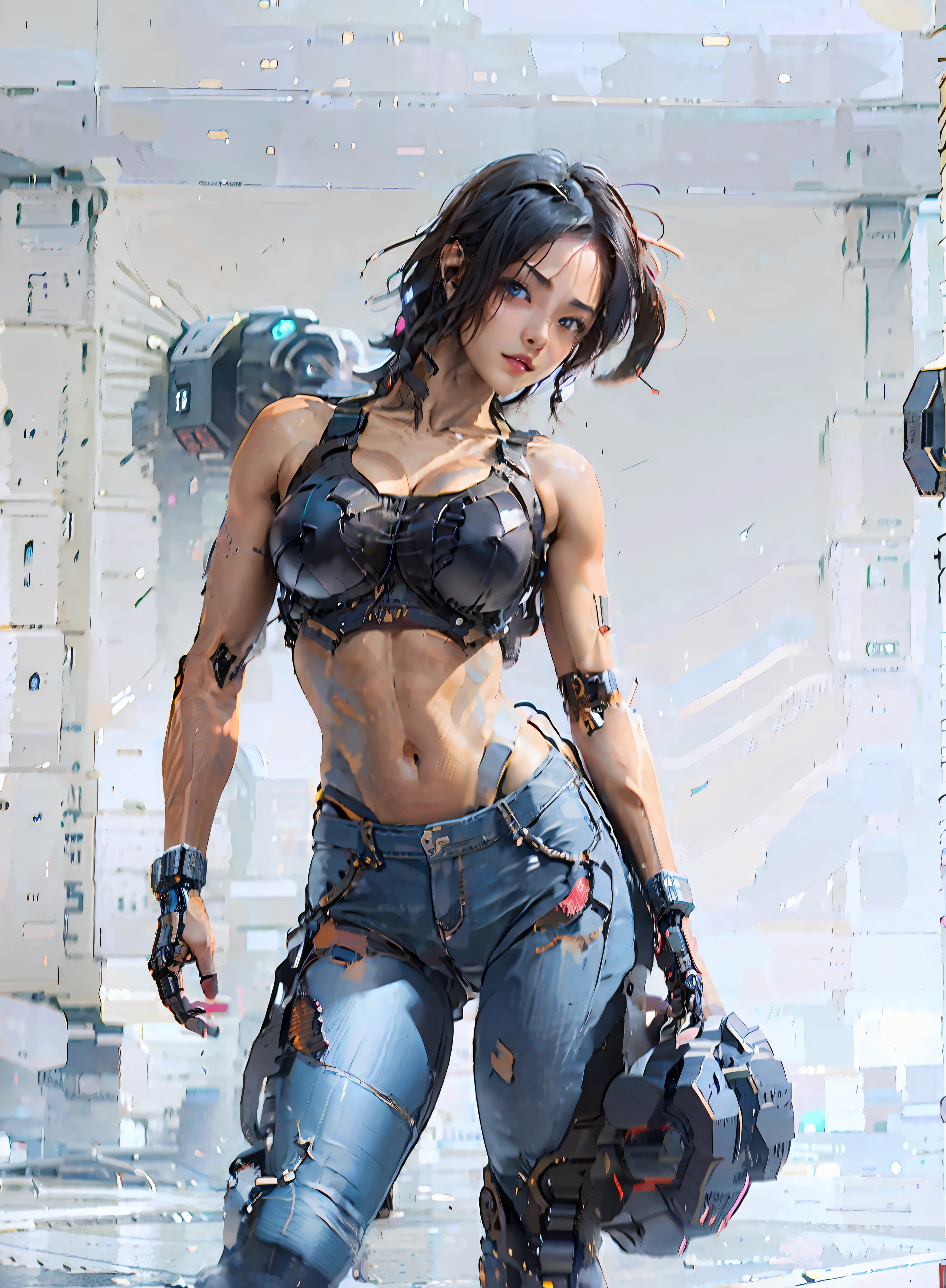 Arafed mujer cyberpunk con un top negro mojadoy jeans rotos posando para una foto, ripeado, Chica en forma, con ABS, cuerpo fuerte, fitness model, Camisa corta y abdominales fuertes, Paquetes de seis, fit physique, cuerpo en forma, Physical sports, Abs, magro pero musculoso, Paquete de seis, Mujer en forma, Muscle, Cuerpo atractivo, pose fuerte, cuerpo perfecto, Delgado y musculoso, Cybernetic prostheses attached to the arms and cybernetic helmet very detailed position