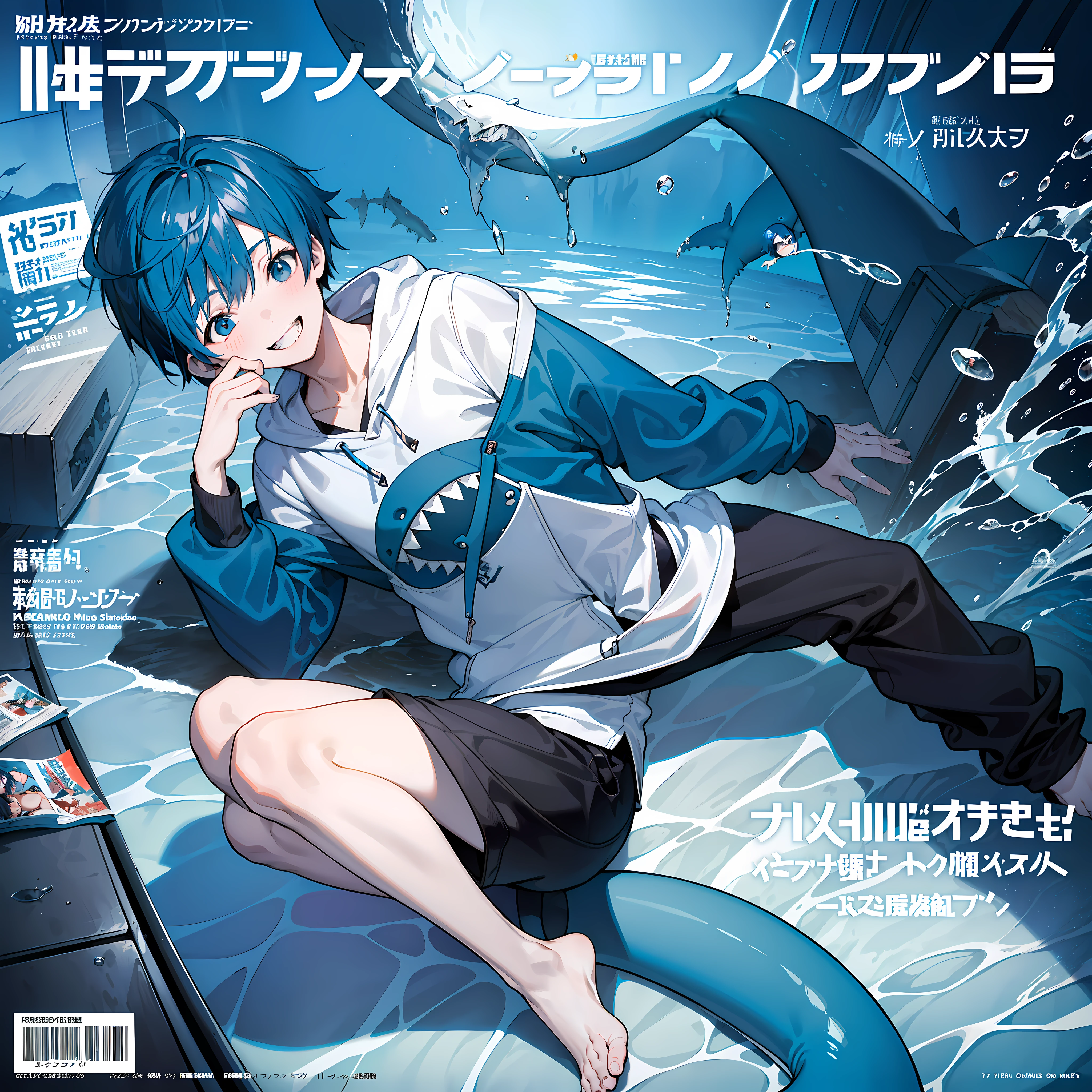 masterpiece, best quality, full body, (1boy), (Wearing a blue shark tail hoodie), (smiling shark teeth),(Boy Messy Japanese Round Haircut for Thick Hair), (blue hair), black shorts, ((solo)), (magazine:1.3), (cover-style:1.3), fashionable,Under water, (in side tunnel aquarium),