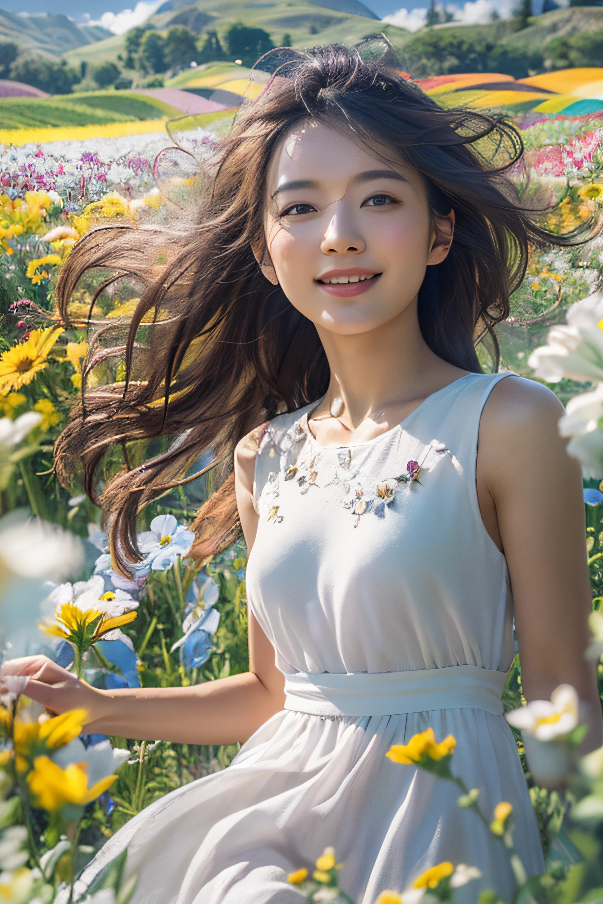 1girl, dynamic angle, cloud and mountain, (flower field:1.4) in the foreground, white dress, light tracing, (floating colorful wind:1)
(photorealistic:1.4), official art, unity 8k wallpaper, ultra detailed, beautiful and aesthetic, masterpiece,best quality, glowing skin, cinematic lighting, light smile