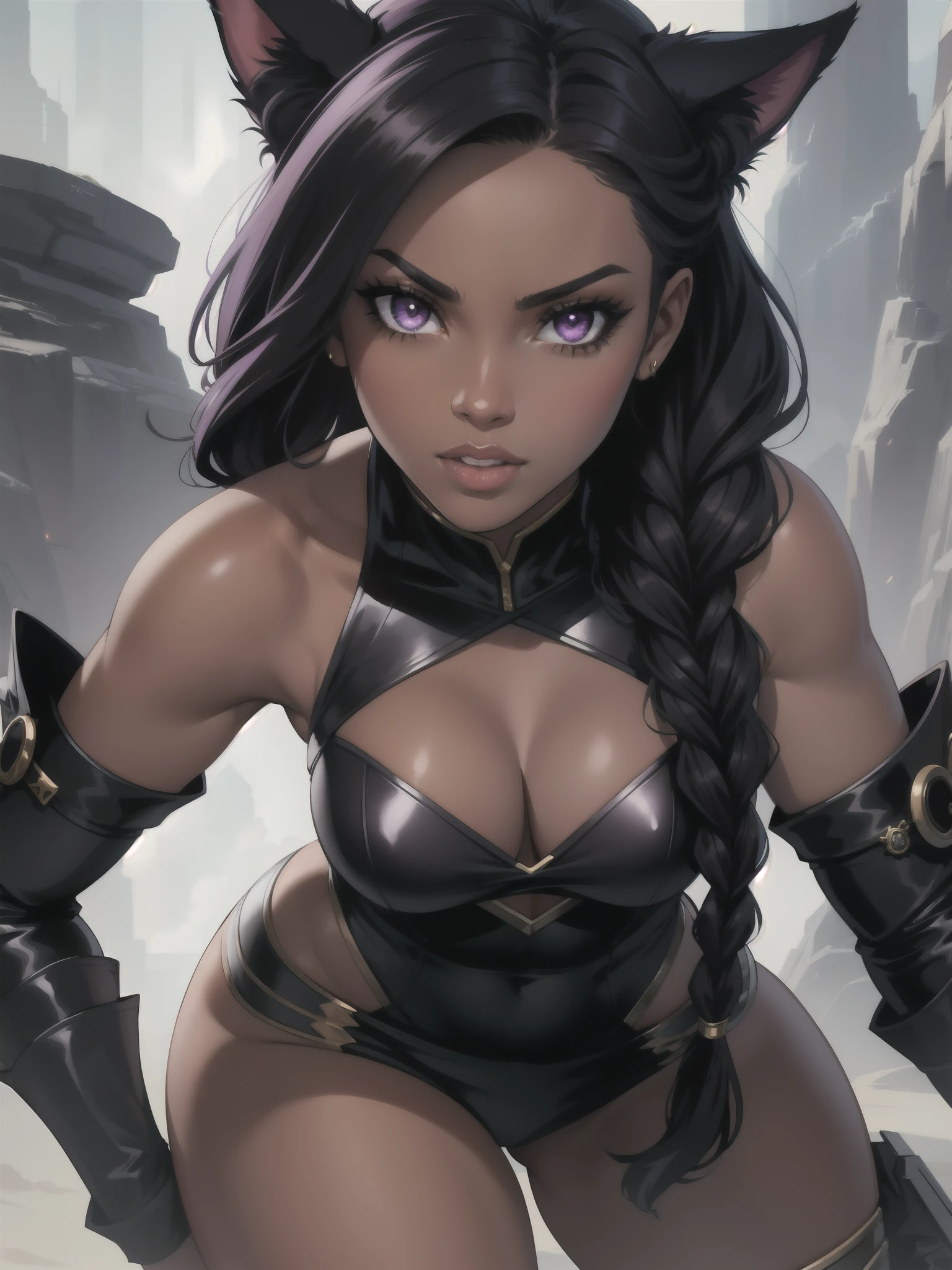 Portrait, Masterpiece, Excellent, 1girl, solo, complex details, color diffusion, close-up, dark-skinned female, Miqo'te female, cat ears, brown skin, black skin, ebony, thighs, black hair, dark hair, braided hair, purple eyes, skimpy attire, epic attire, badass, assassin, demon goddess, super villain, Sci-Fi, Fantasy