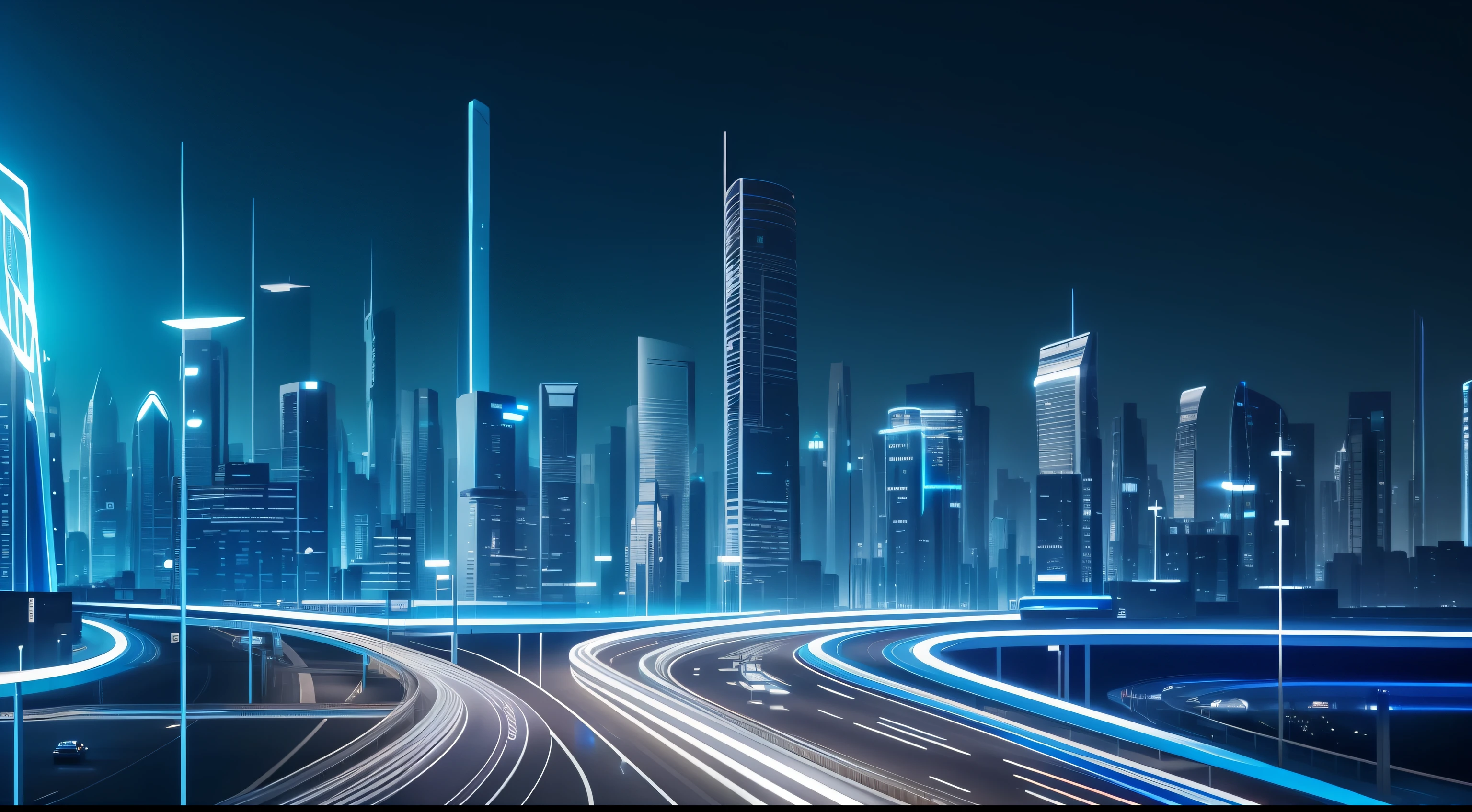 blue colors,Rich and intricate details,Future curve abstract style,Technology elements,AI-generated images of technology present visually appealing futuristic scenarios。In the foreground,The city and highway complexes of the future transparent material give off a soft and ethereal glow。Holograms show complex patterns、Visualize data and vibrant colors,It represents the fusion of information and innovation。A high resolution