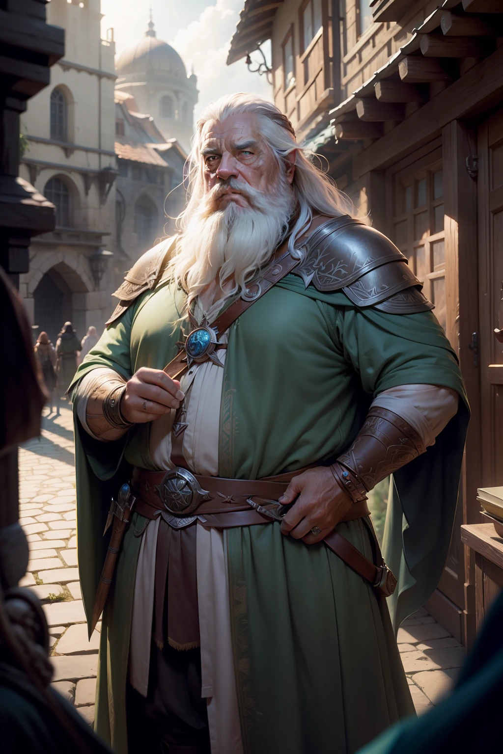 cores abstratas, textura, grain of film, poros da pele e rugas:0.1 hasselblad dslr foto RAW, Intricate backlit dramatic portrait of a fat bearded old man casting a spell, Standing in the medieval fantasy city (Cobblestone street)1.2, hazy morning, Shannara Chronicles Lotr Gandalf Hobbit Willow Conceptual Art Anna Dittmann Magali Villeneuve Marc Simonetti, filme cinematic still frame, (analogue style)1.3 (grain of film)1.3